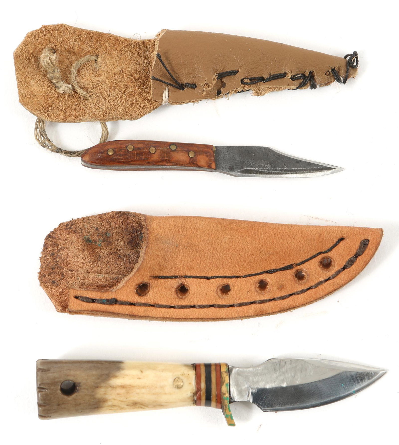 MINI HANDMADE FIXED BLADE ANTLER & WOOD KNIVES, SHEATHS: MINI HANDMADE FIXED BLADE ANTLER & WOOD KNIVES, SHEATHS Lot of two handmade miniature knives, includes 1.25" blade with antler handle, and 1.25" blade with wood handle. Both include leather sheaths. N