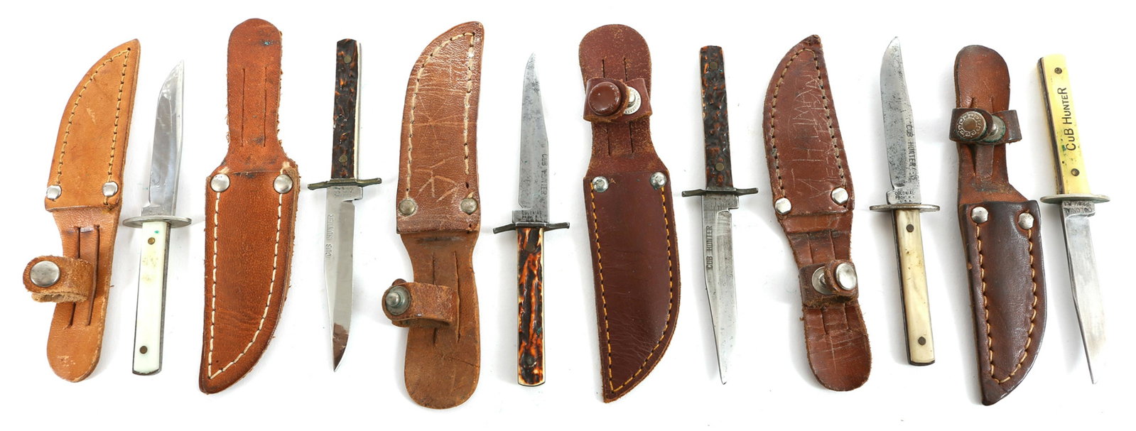 COLONIAL MINI CUB HUNTER FIXED BLADE KNIVES W/ SHEATHS: COLONIAL MINI CUB HUNTER FIXED BLADE KNIVES W/ SHEATHS Lot of six miniature "Cub Hunter" fixed 2" blade knives with antler and imitation mother of pearl scales, made by Colonial USA, marked on tang. I