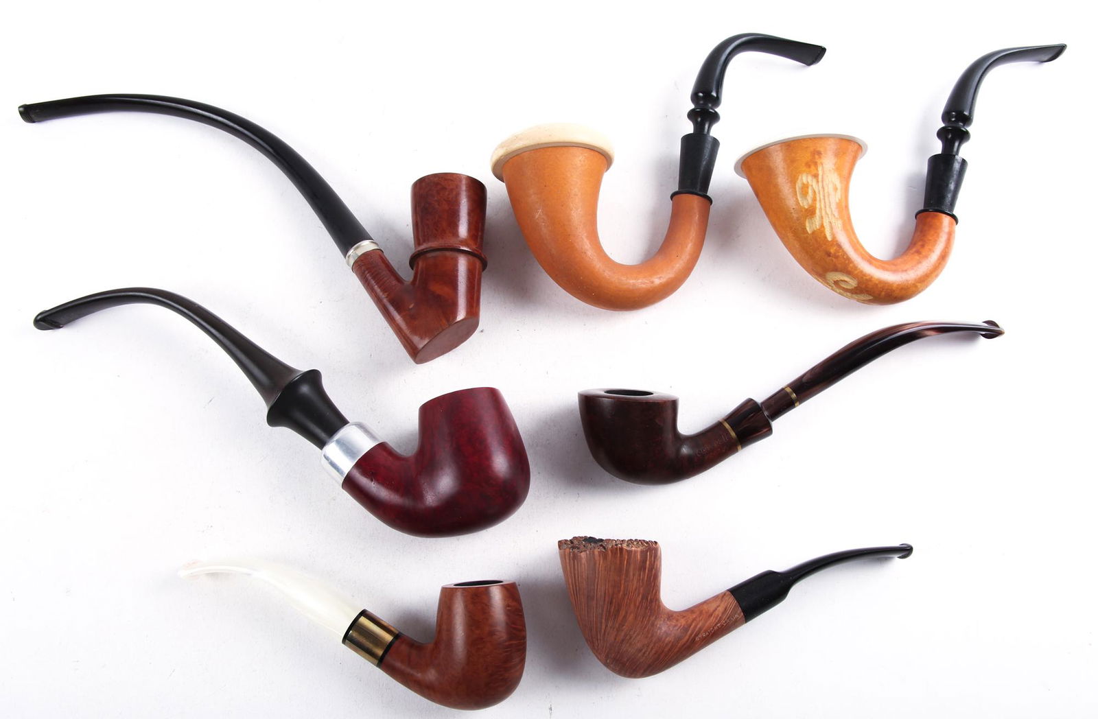 WOODEN TOBACCO PIPES - LOT OF 7: WOODEN TOBACCO PIPES - LOT OF 7 Lot of 7 wooden tobacco pipes. Includes: 9" Television pipe 5.5" curved natural finish pipe 7.25" Converti Grazia pipe 5.25" Contempo pipe 8.5" WDC Wellington pipe