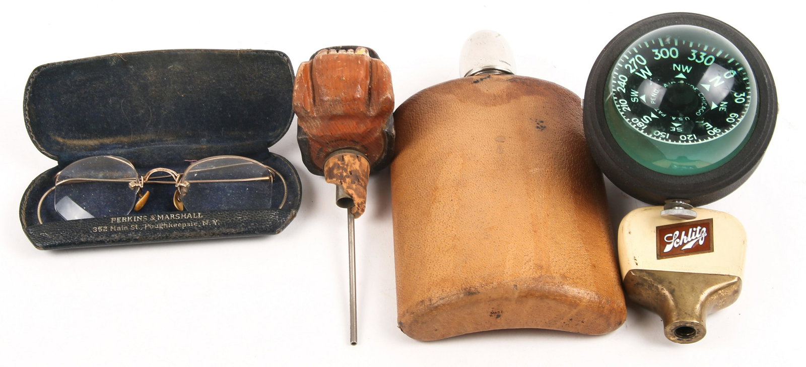 GENTLEMEN'S COLLECTIBLES - FLASK, COMPASS, SCHLITZ TAP,: GENTLEMEN'S COLLECTIBLES - FLASK, COMPASS, SCHLITZ TAP, GLASSES, YALE STOPPER Lot of 20th century gentlemen's collectibles, to include: Pair of gold filled glasses in leather case. Airguide Chicago g