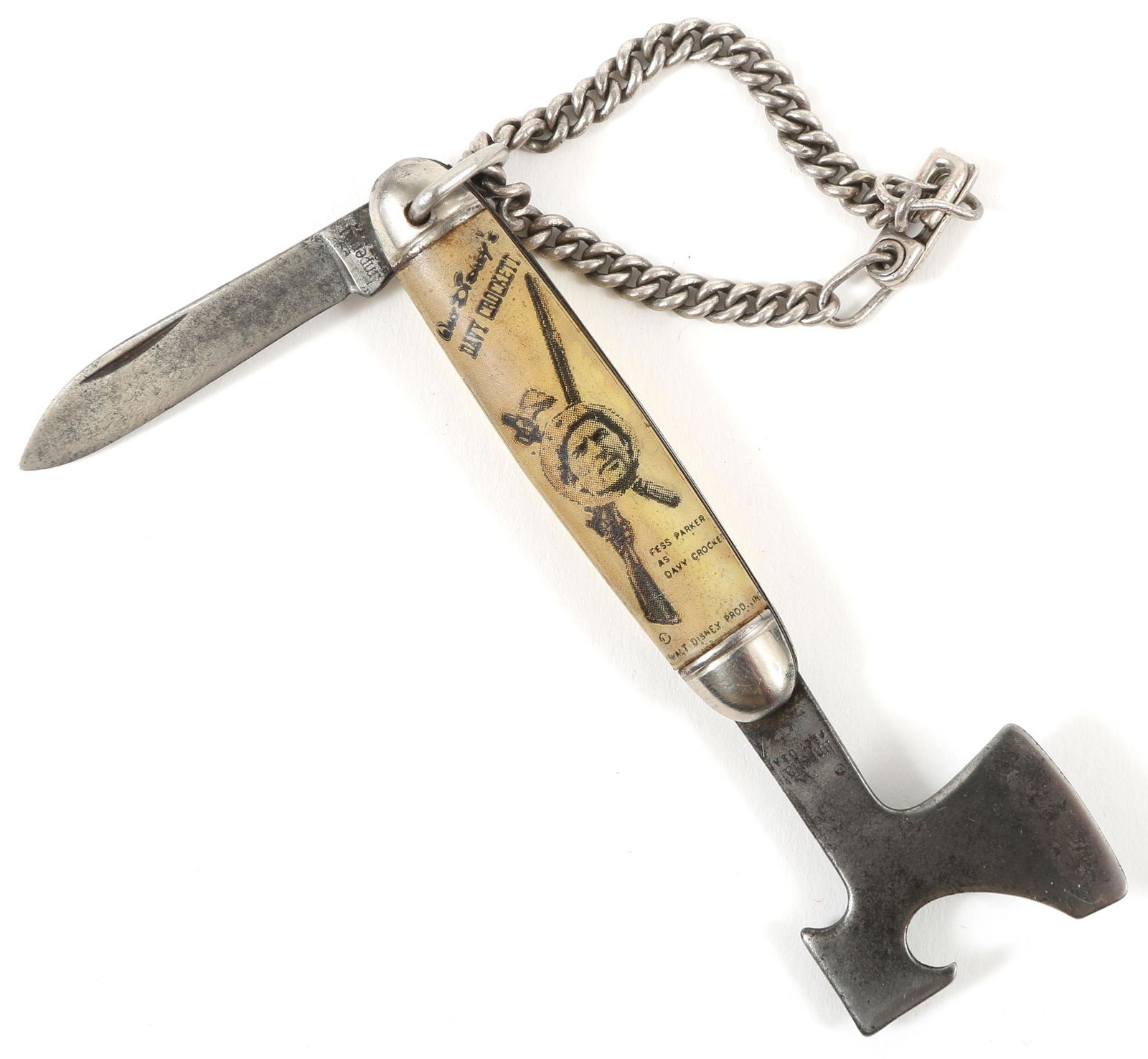 1950s IMPERIAL DISNEY HATCHET POCKETKNIFE & KEYCHAIN: 1950s IMPERIAL DISNEY HATCHET POCKETKNIFE & KEYCHAIN 1950's Walt Disney Fess Parker as Davy Crockett souvenir pocketknife with hatchet style fixed 1.25" blade, made by Imperial USA, single folding 1.2