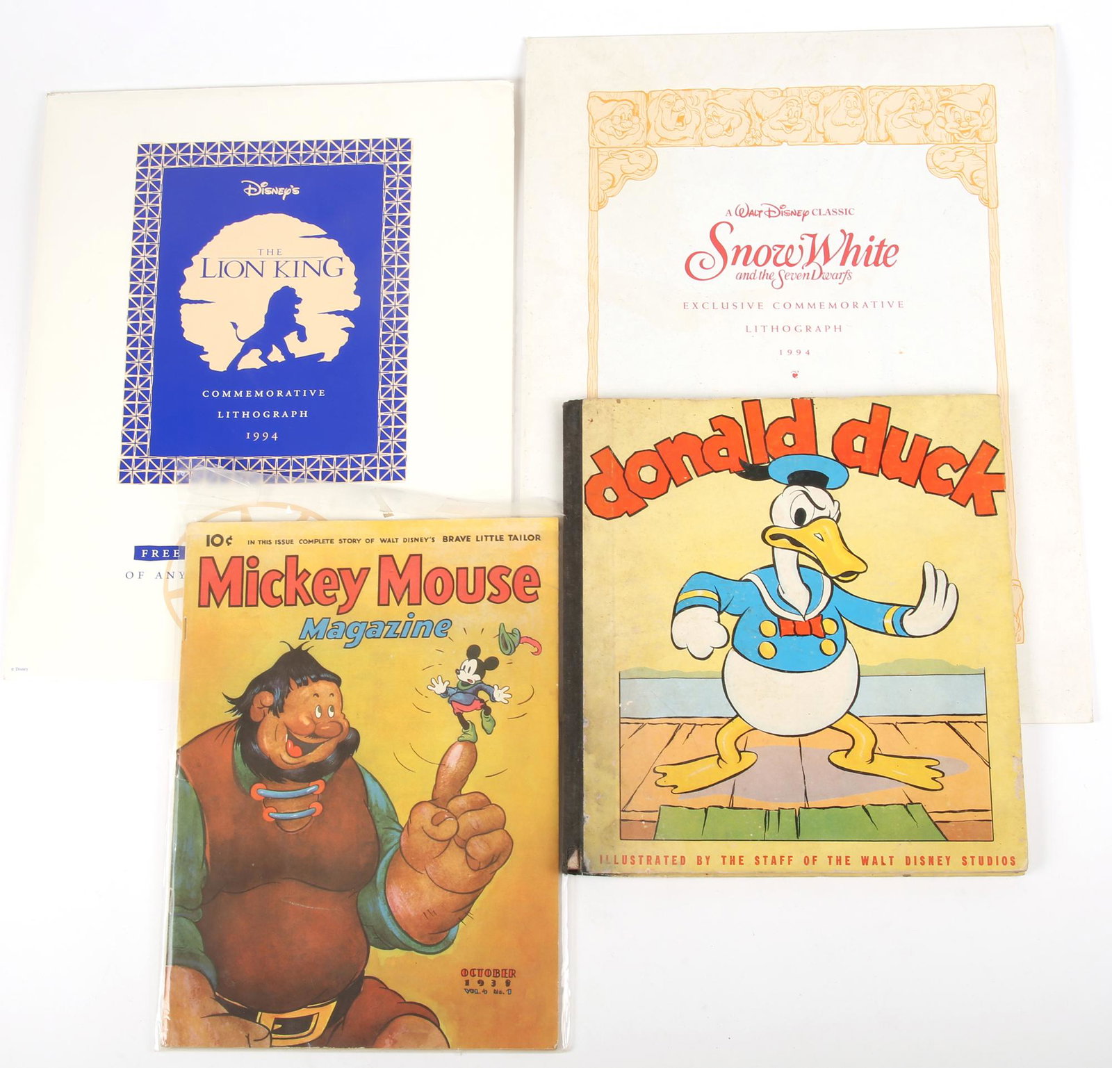 DISNEY MAGAZINE, BOOK AND LITOGRAPHS - LOT OF 4: DISNEY MAGAZINE, BOOK AND LITOGRAPHS - LOT OF 4 Lot of four Disney items, including: "Mickey Mouse Magazine," Vol. 4, No. 1, October 1938. 42 pages plus covers. Includes story of the Brave Little Tai