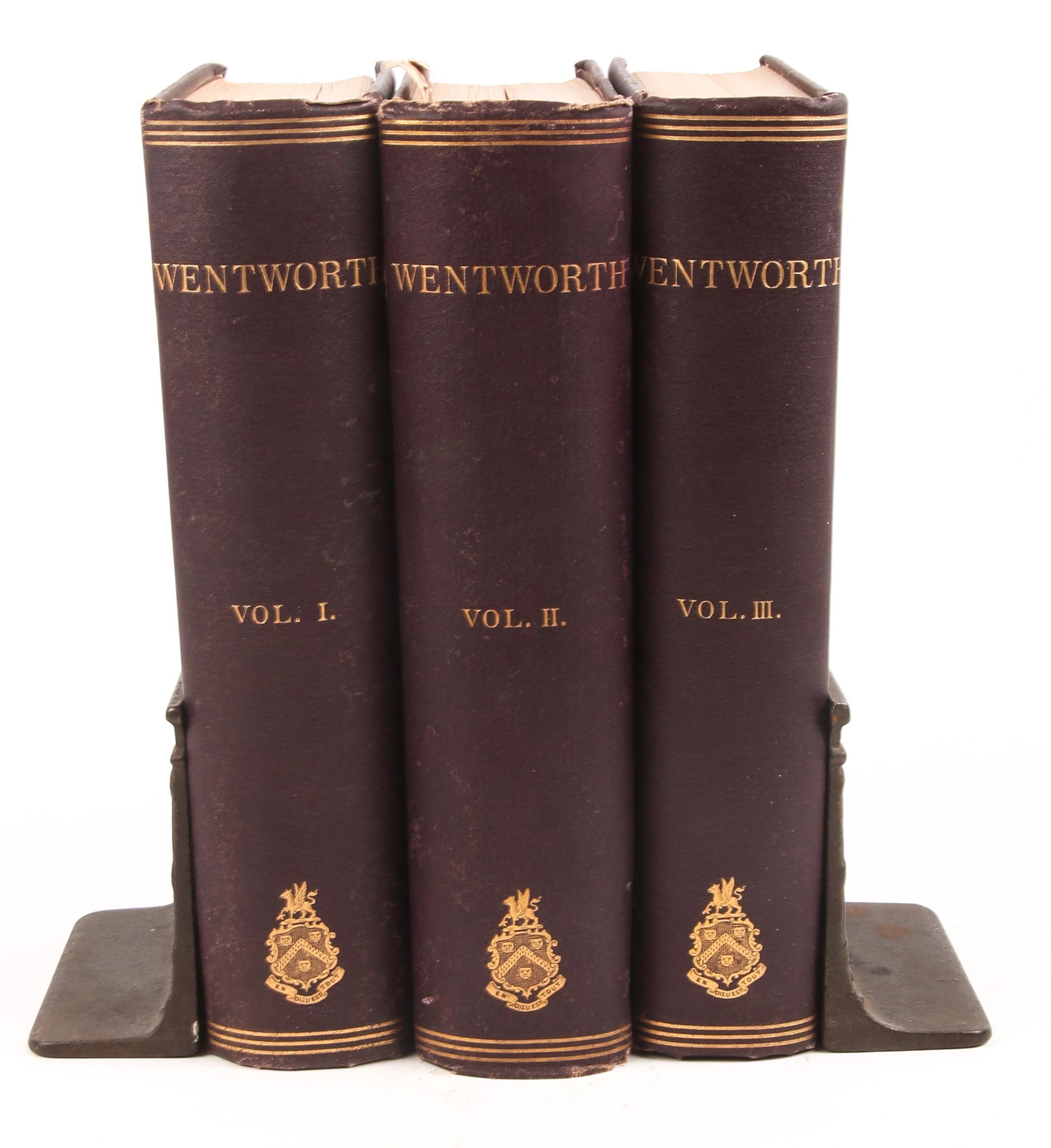WENTWORTH GENEALOGY 3 VOLUMES 1878 W/ BRONZE BOOKENDS: WENTWORTH GENEALOGY 3 VOLUMES 1878 W/ BRONZE BOOKENDS A three volume set of "Wentworth Genealogy" by John Wentworth, published by Little, Brown and Company 1878. Accompanied by a pair of bronze sphynx
