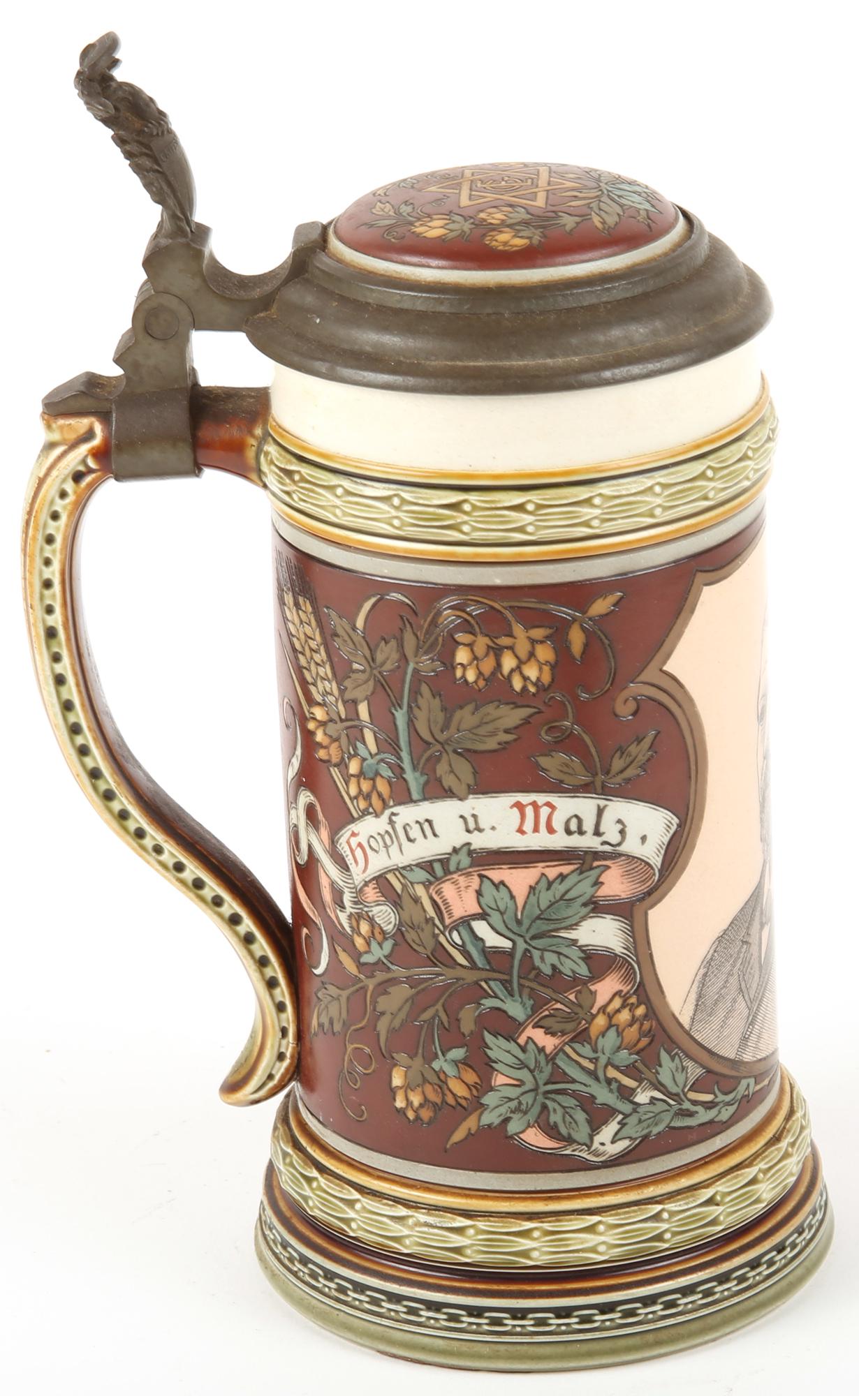 VILLEROY & BOCH CERAMIC STEIN GEORGE EHRET DESIGN #1997: VILLEROY & BOCH CERAMIC STEIN GEORGE EHRET DESIGN #1997 Lidded ceramic stein by Villeroy & Boch of Mettlach, Germany. Titled "George Ehret Brewery." Stein depicts George Ehret, founder of the Hell