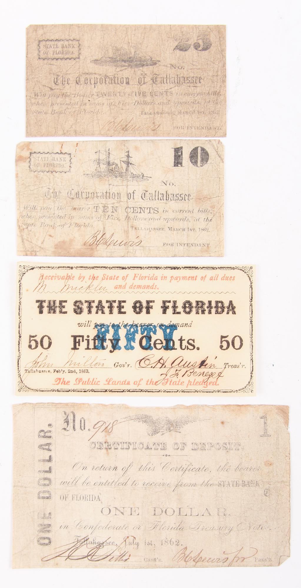 1860'S TALLAHASSEE FLORIDA SMALL OBSOLETE CURRENCY: 1860'S TALLAHASSEE FLORIDA SMALL OBSOLETE CURRENCY Notes of 10 cent, 25 cent, 50 cent, and $1.00. To include: a ten and twenty five cent fractional Corporation of Tallahassee March 1862, a State of Fl