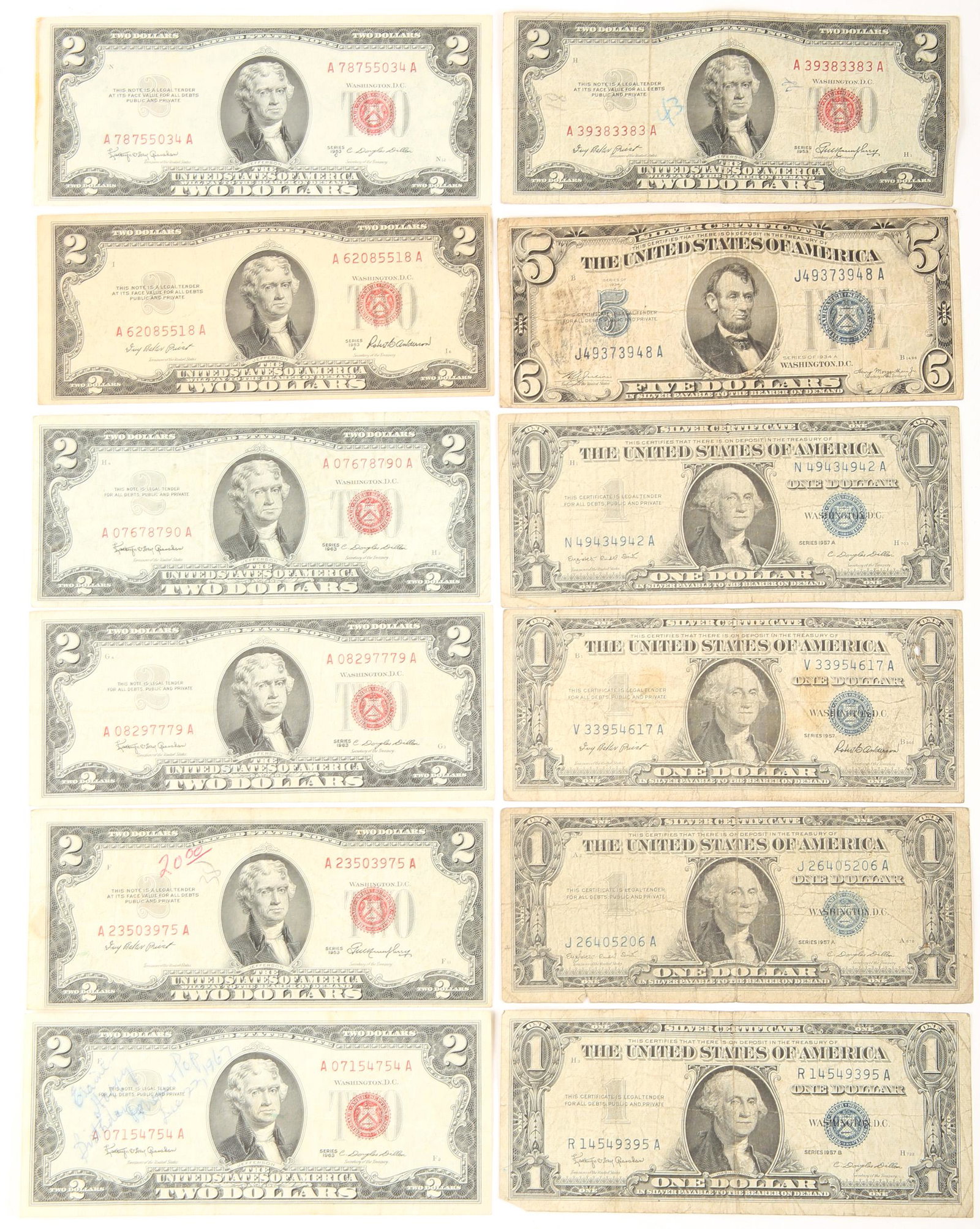 1934-1963 UNITED STATES CURRENCY - $23 FACE VALUE: 1934-1963 UNITED STATES CURRENCY - $23 FACE VALUE To include silver certificates of five dollar 1934, four one dollar of 1957, and seven red seal Jefferson notes 1953 and 1963.