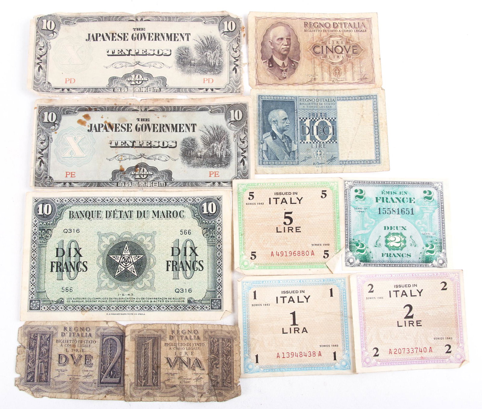 WWII ERA FOREIGN AND ALLIED MILITARY ISSUED CURRENCY: WWII ERA FOREIGN AND ALLIED MILITARY ISSUED CURRENCY Lot of 11 pieces of WWII era currency from foreign countries and issued by the Allied military. Sizes range from 3" by 2" to 6" by 2.75". Includes: