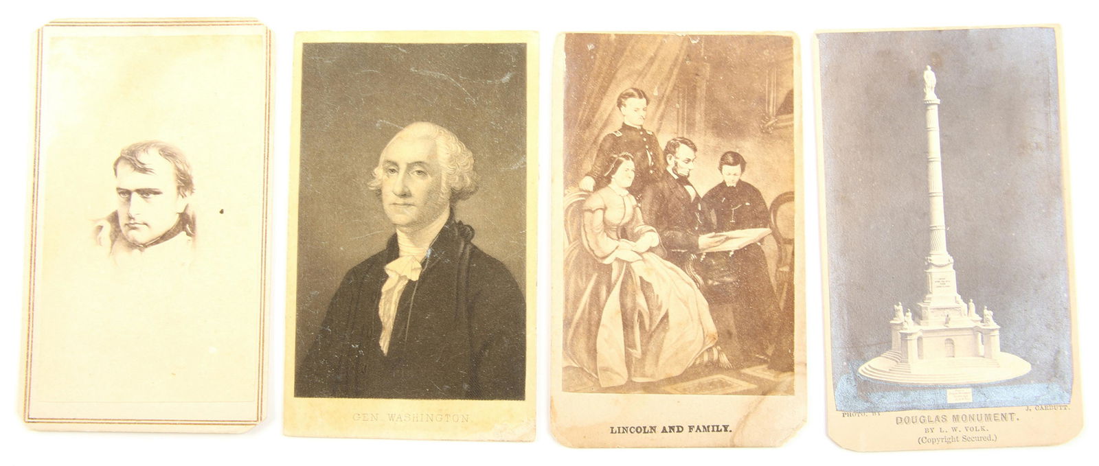 LATE 19TH C. CARTES DE VISITE - LOT OF 4: LATE 19TH C. CARTES DE VISITE - LOT OF 4 Civil War era cartes de visite, including: Abraham Lincoln and family. Handwritten on reverse: "To Bertha By Her Mother." Douglas Monument by Leonard W. Volk.