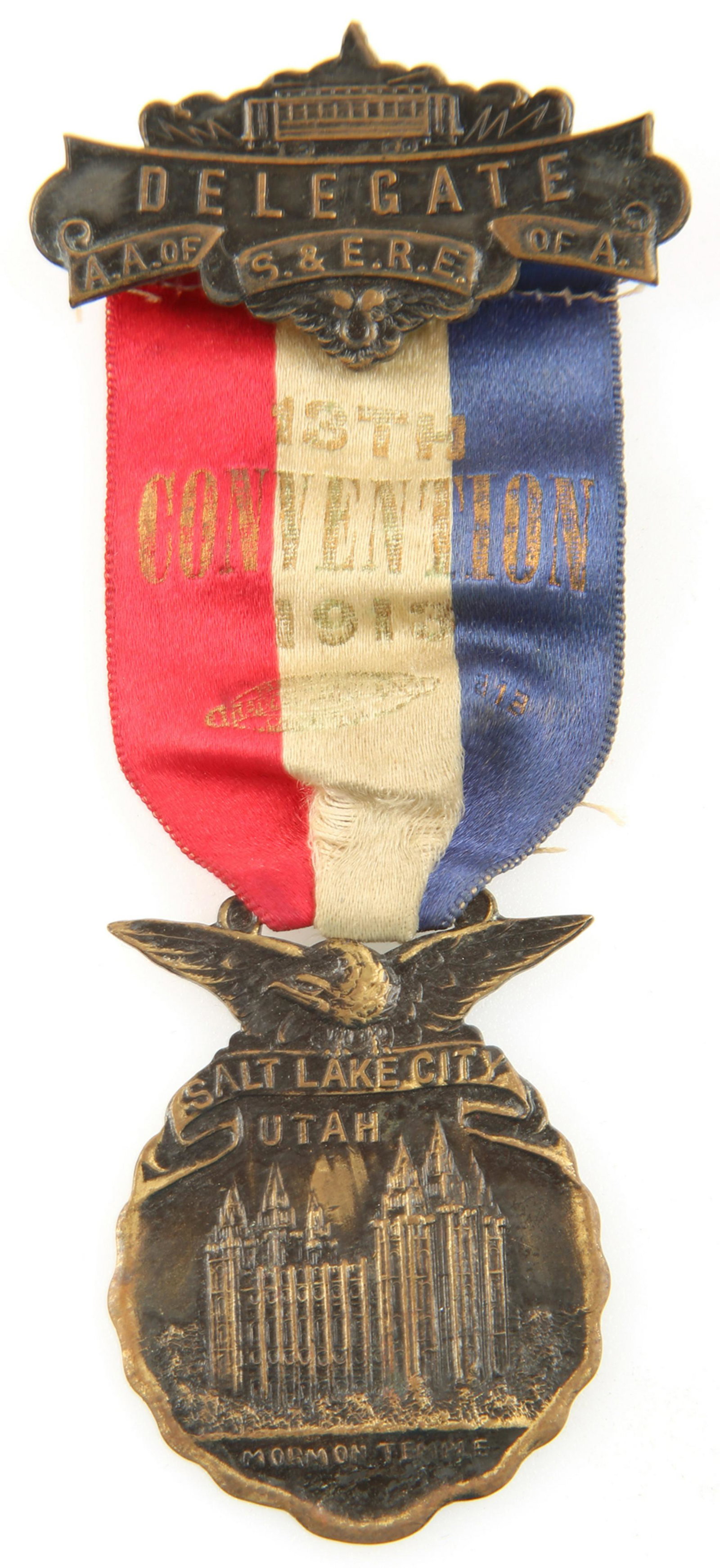 A.A. OF S. & E.R.E. OF A. UNION 1913 CONVENTION BADGE: A.A. OF S. & E.R.E. OF A. UNION 1913 CONVENTION BADGE Amalgamated Association of Street and Electric Railway Employees of America (A.A. of S. & E.R.E. of A.) union delegate badge from the 1913 con