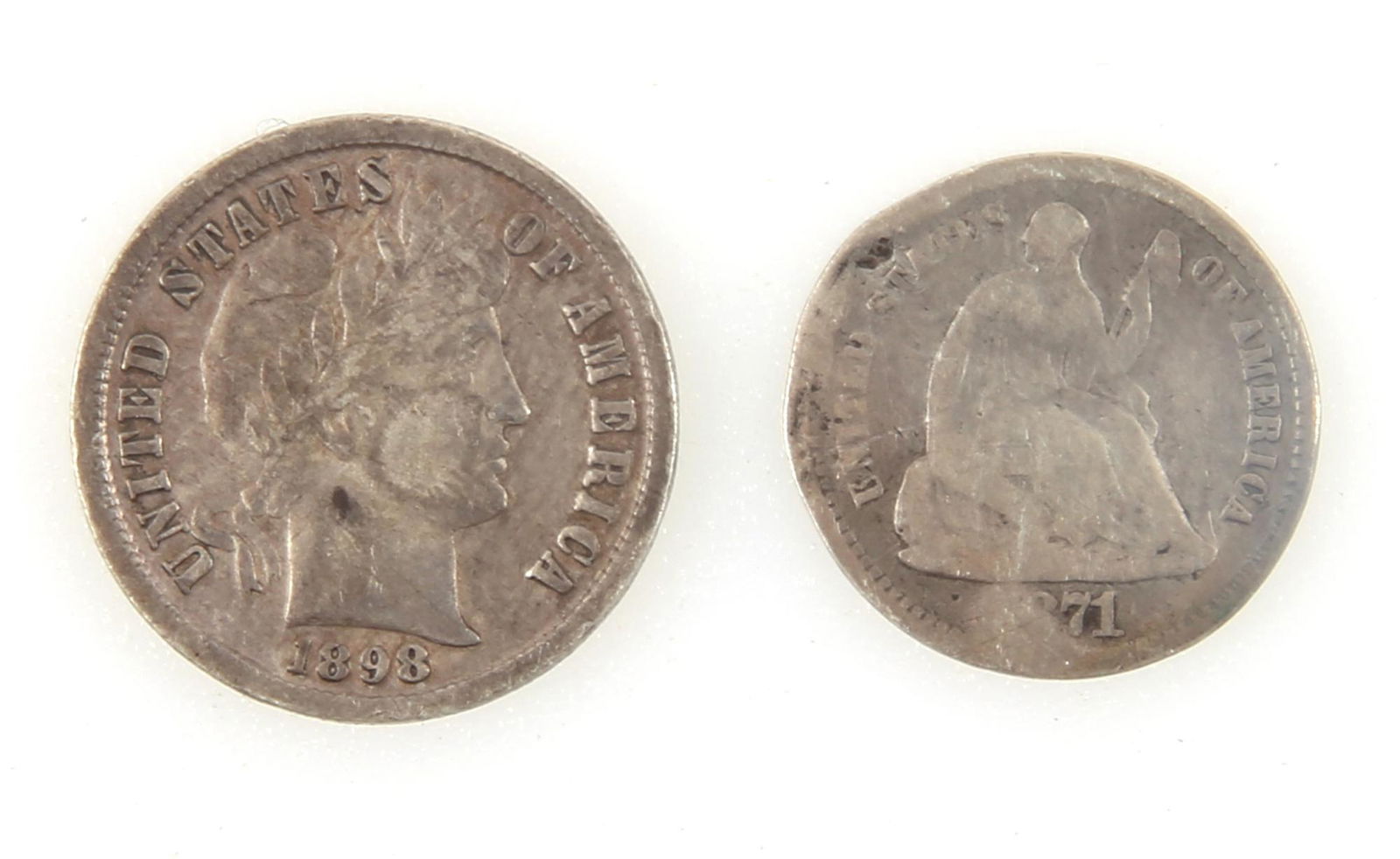 U.S. 1898 BARBER DIME & 1871 SEATED LIBERTY HALF DIME (1 of 2)