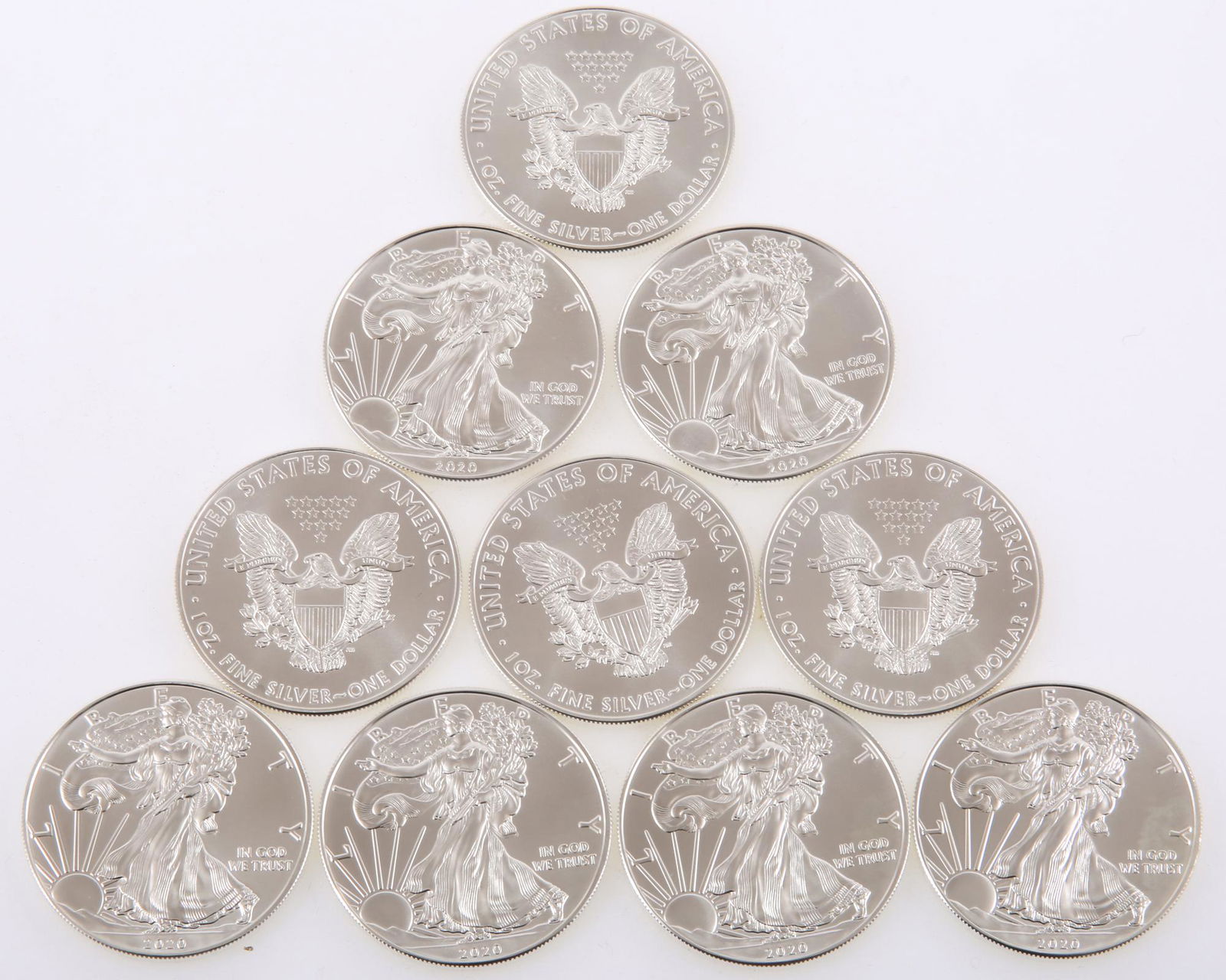 2020 AMERICAN SILVER EAGLE ONE OUNCE COINS - LOT OF 10 (1 of 1)