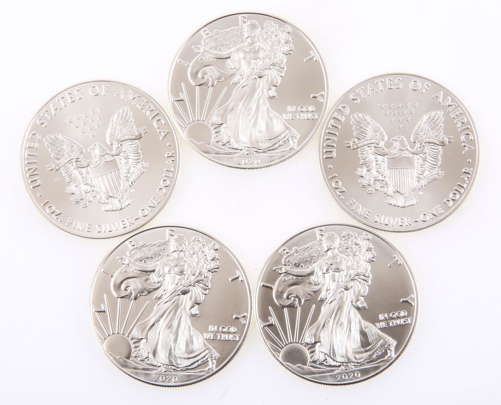 2020 AMERICAN SILVER EAGLE ONE OUNCE COINS - LOT OF 5 (1 of 1)