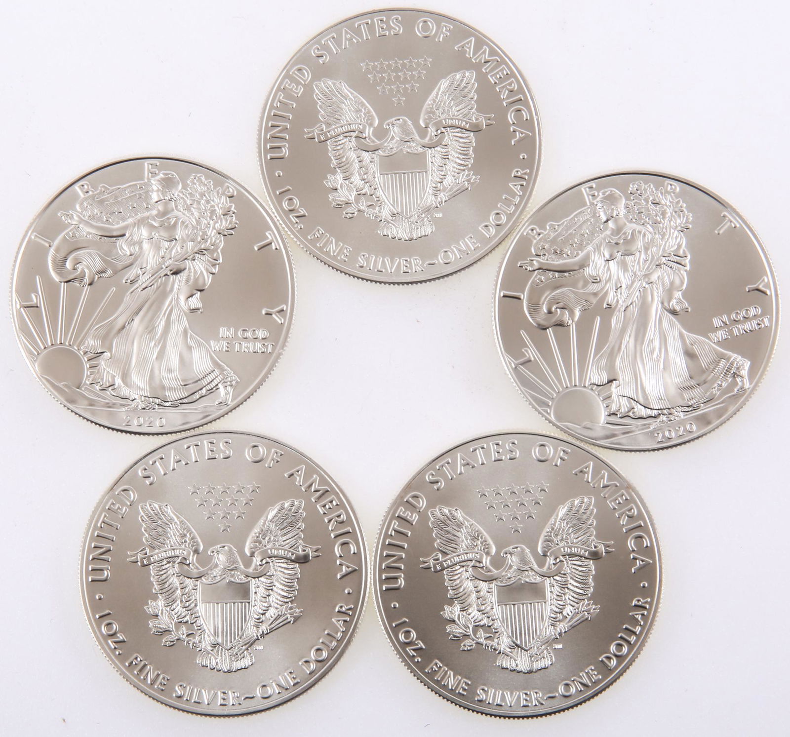 2020 AMERICAN SILVER EAGLE ONE OUNCE COINS - LOT OF 5 (1 of 1)