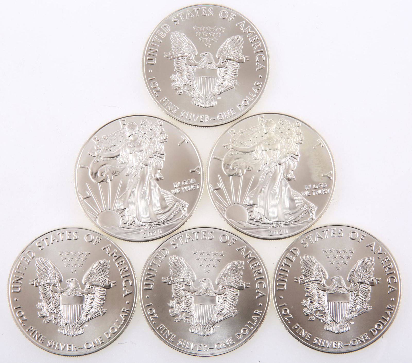 2020 AMERICAN SILVER EAGLE ONE OUNCE COINS - LOT OF 6 (1 of 1)