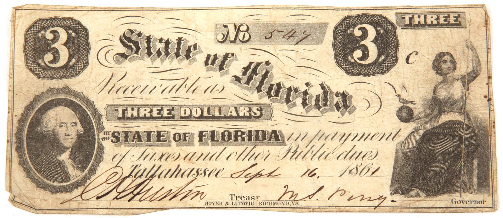 1861 $3 FLORIDA OBSOLETE BANKNOTE SIGNED BY GOV. PERRY: 1861 $3 FLORIDA OBSOLETE BANKNOTE SIGNED BY GOV. PERRY September 1861 $3 State of Florida obsolete banknote signed by Governor Madison Perry. Printed by Hoyer & Ludwig, Richmond, VA. <