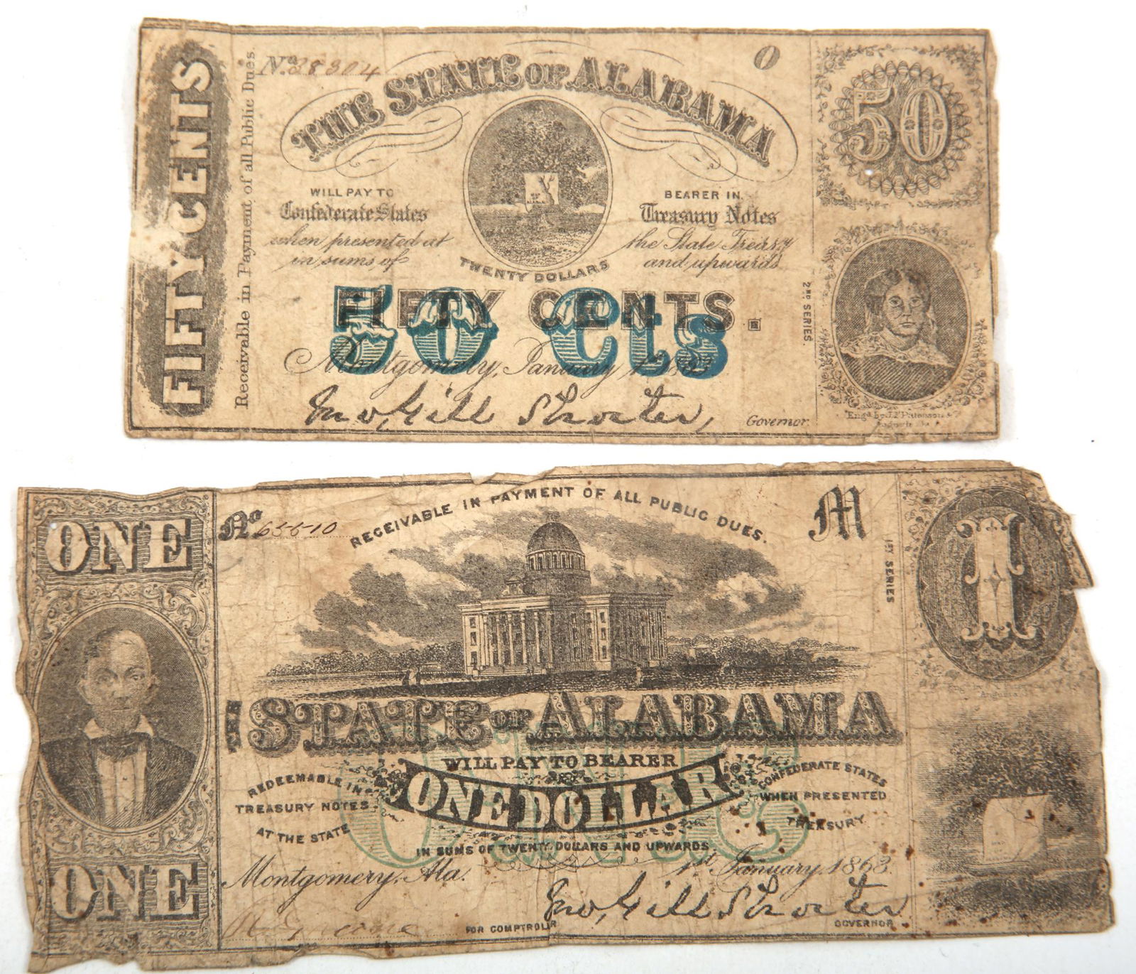 1863 $1 & 50 CENT STATE OF ALABAMA OBSOLETE BANKNOTES (1 of 2)
