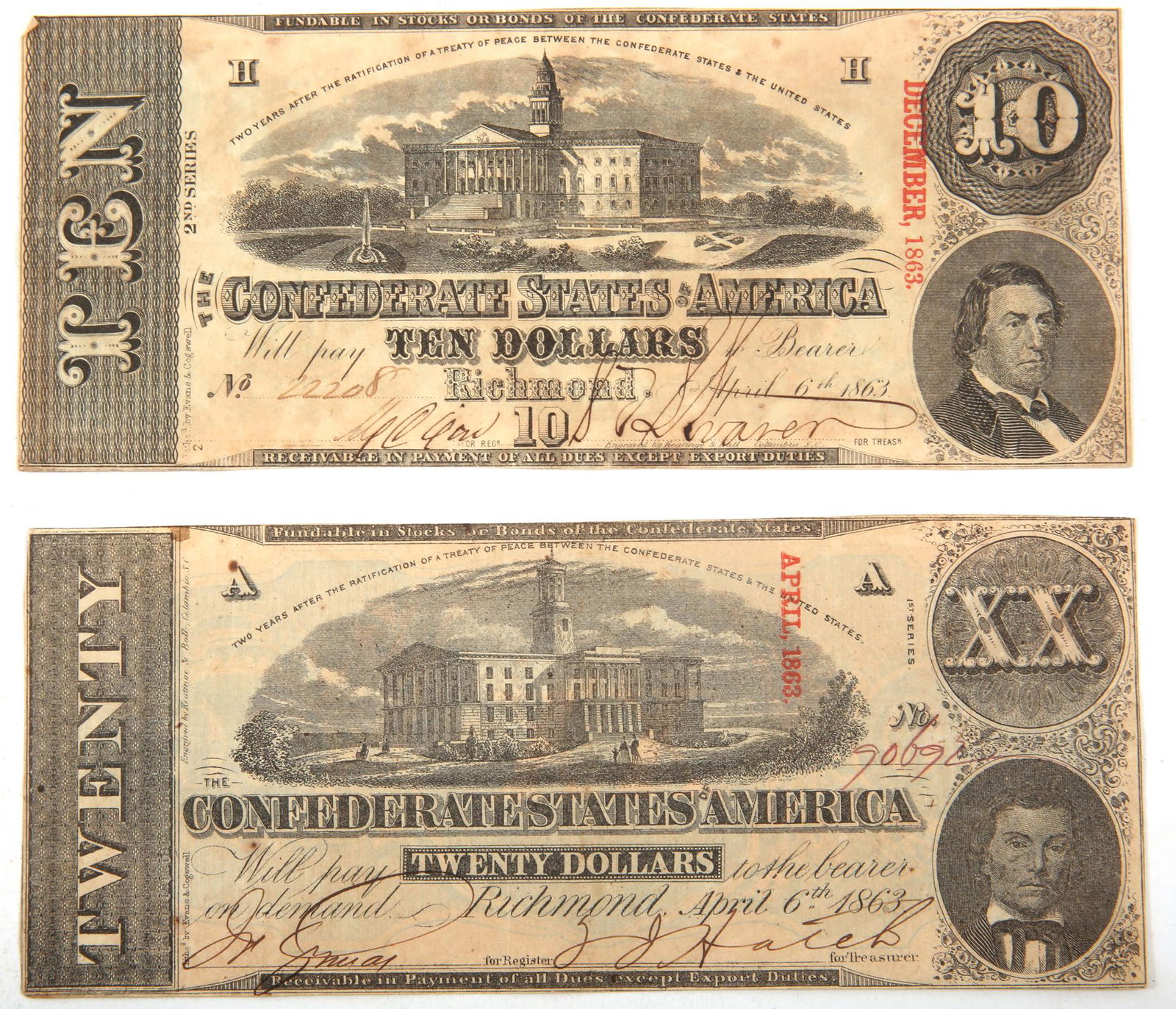 1863 $10 & $20 CONFEDERATE STATES OF AMERICA NOTES (1 of 2)