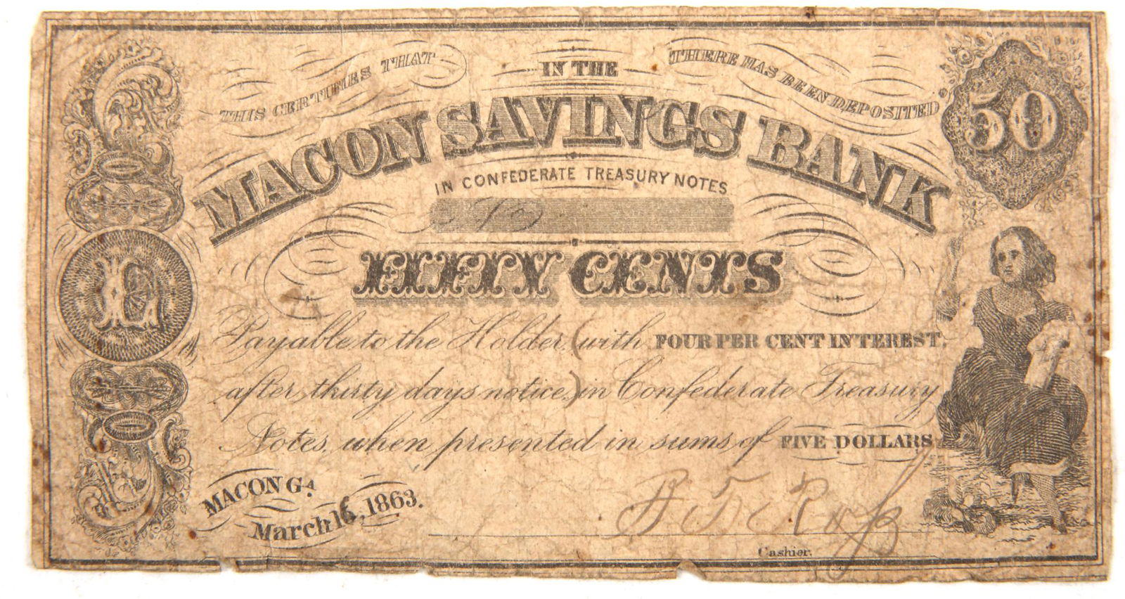 1863 50 CENT MACON SAVINGS BANK OBSOLETE BANKNOTE (1 of 2)