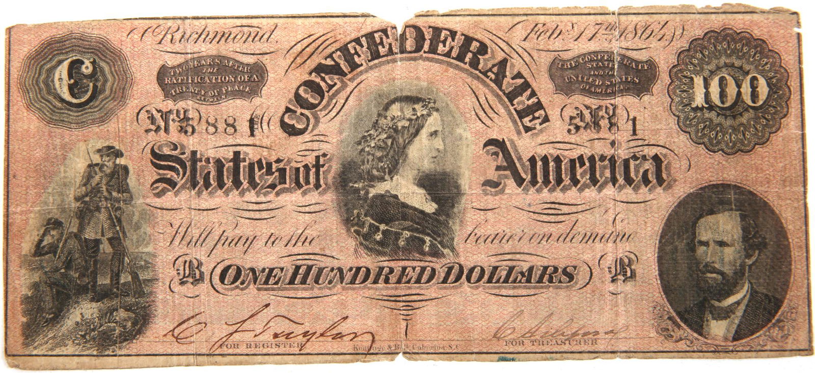 T65 1864 $100 CONFEDERATE RICHMOND OBSOLETE BANKNOTE (1 of 2)