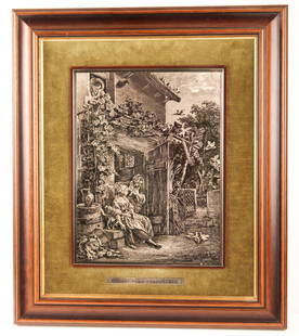 WENK .800 SILVER LES AMOURS CHAMPETRES ENGRAVING: WENK .800 SILVER LES AMOURS CHAMPETRES ENGRAVING Framed Wenk engraving to .800 silver of Les Amours Champêtres by Pierre Antoine Baudouin (French, 1723-1769). Set