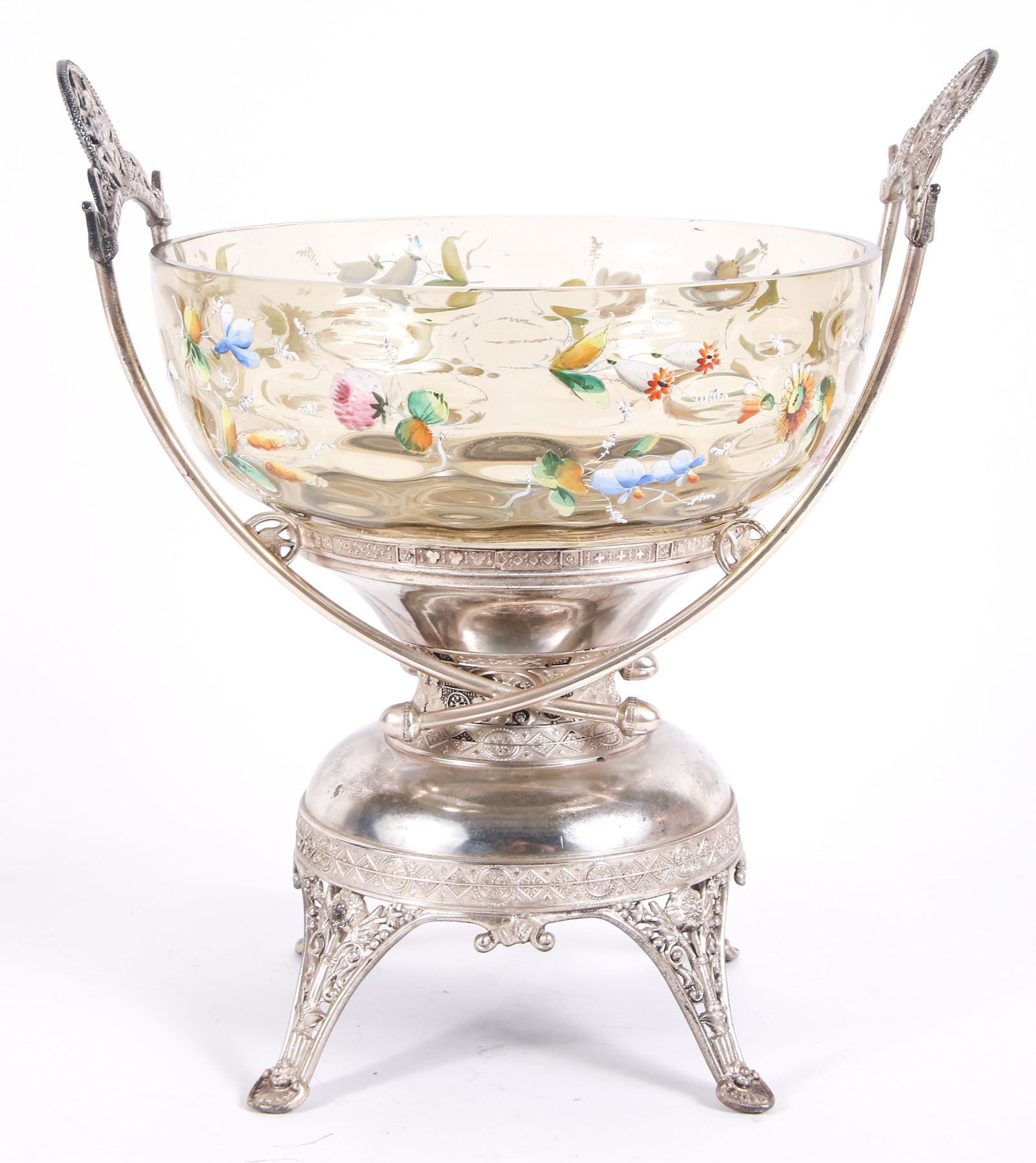 19TH C. GLASS PUNCH BOWL WITH SILVER PLATE STAND (1 of 8)