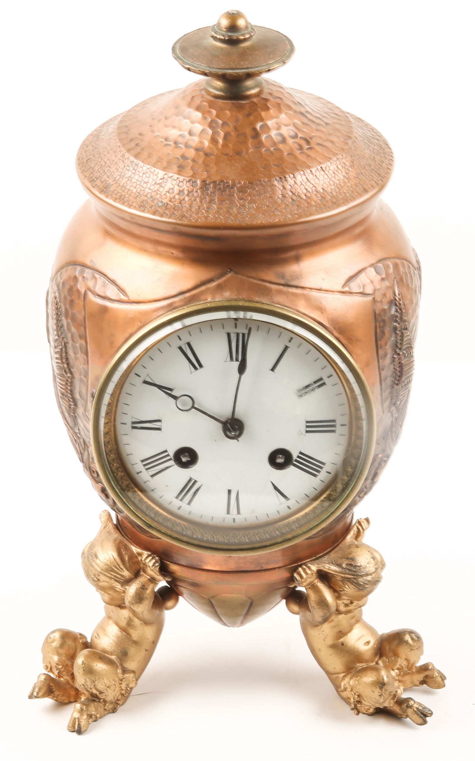 COPPER & SPELTER REPOUSSE MANTLE CLOCK (1 of 7)
