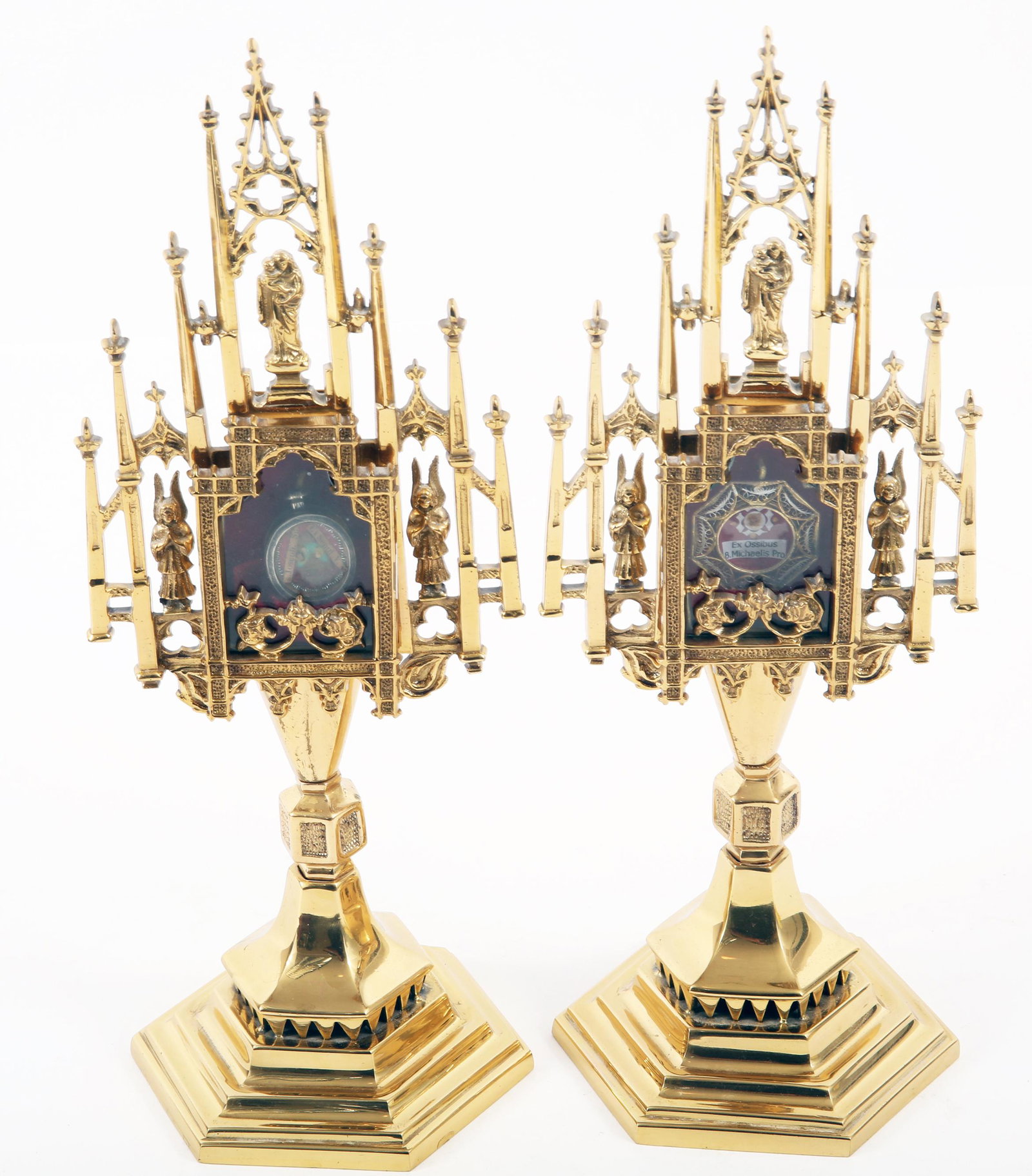 CATHOLIC RELIQUARIES - SAINT MICHAEL & SAINT JOSEPH: CATHOLIC RELIQUARIES - SAINT MICHAEL & SAINT JOSEPH Late 19th century Catholic Saint relics housed in finely crafted 20th century brass reliquaries. Reliquaries contain: Saint Michael bone fra