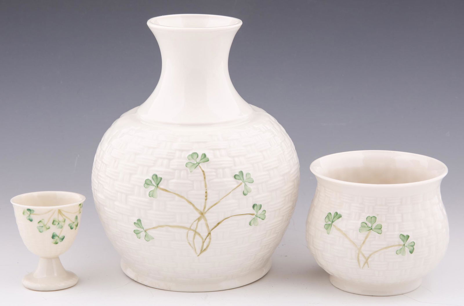 BELLEEK PORCELAIN SHAMROCK VASES & CORDIAL CUP (1 of 8)