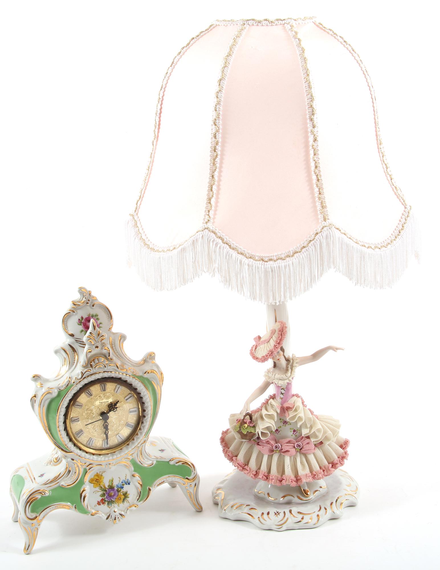 DRESDEN PORCELAIN LACE FIGURAL LAMP & MANTLE CLOCK (1 of 9)