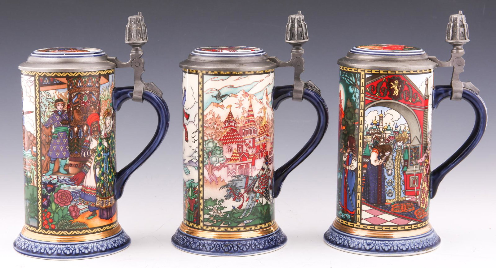 VILLEROY & BOCH RUSSIAN FAIRY TALES PORCELAIN STEINS: VILLEROY & BOCH RUSSIAN FAIRY TALES PORCELAIN STEINS Villeroy & Boch porcelain steins, "The Russian Fairy Tales", 1978, made in Germany, three total. Size: 8.25"
