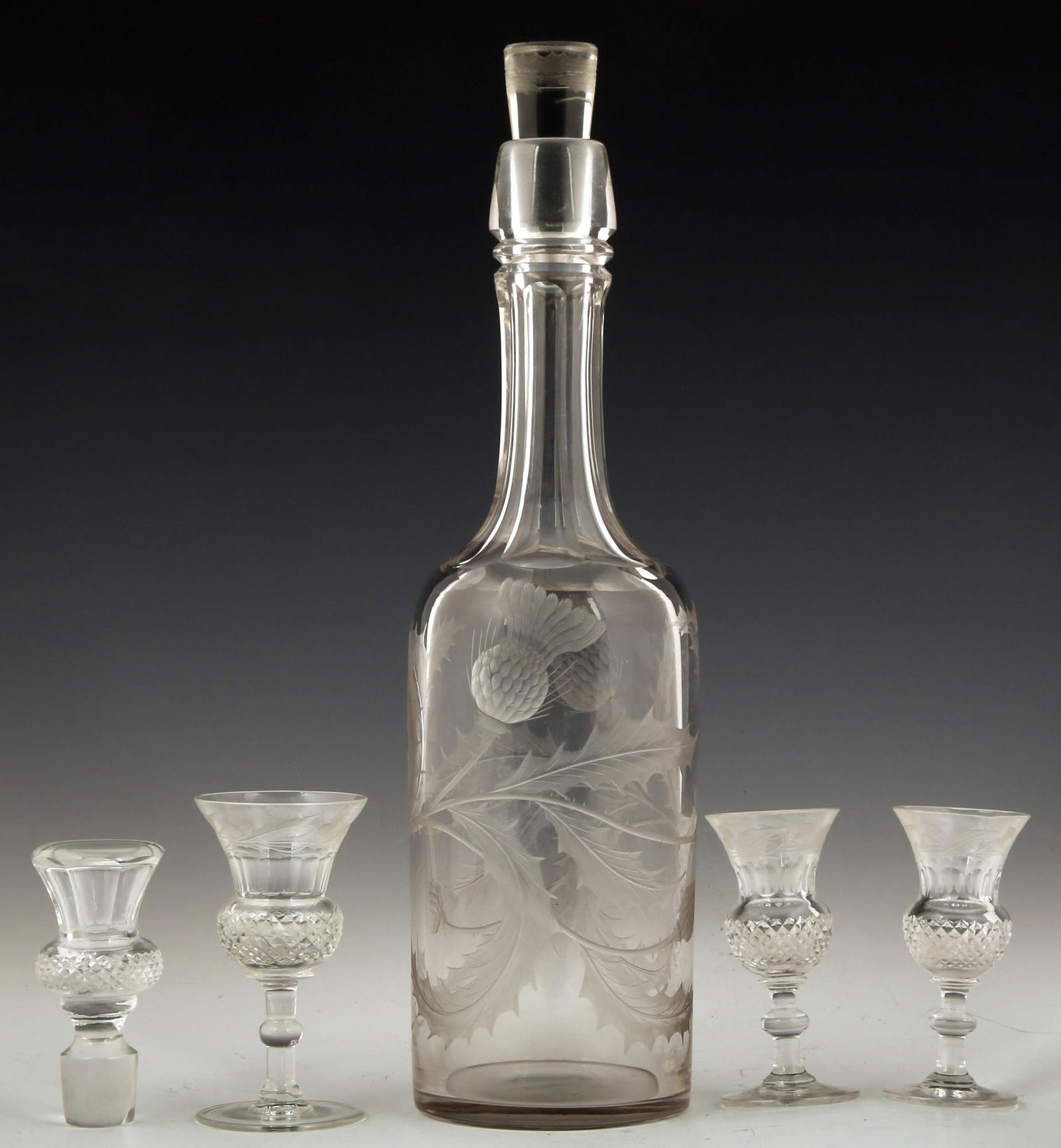 CUT GLASS THISTLE DECANTER & CORDIAL GLASSES - LOT OF 4 (1 of 9)