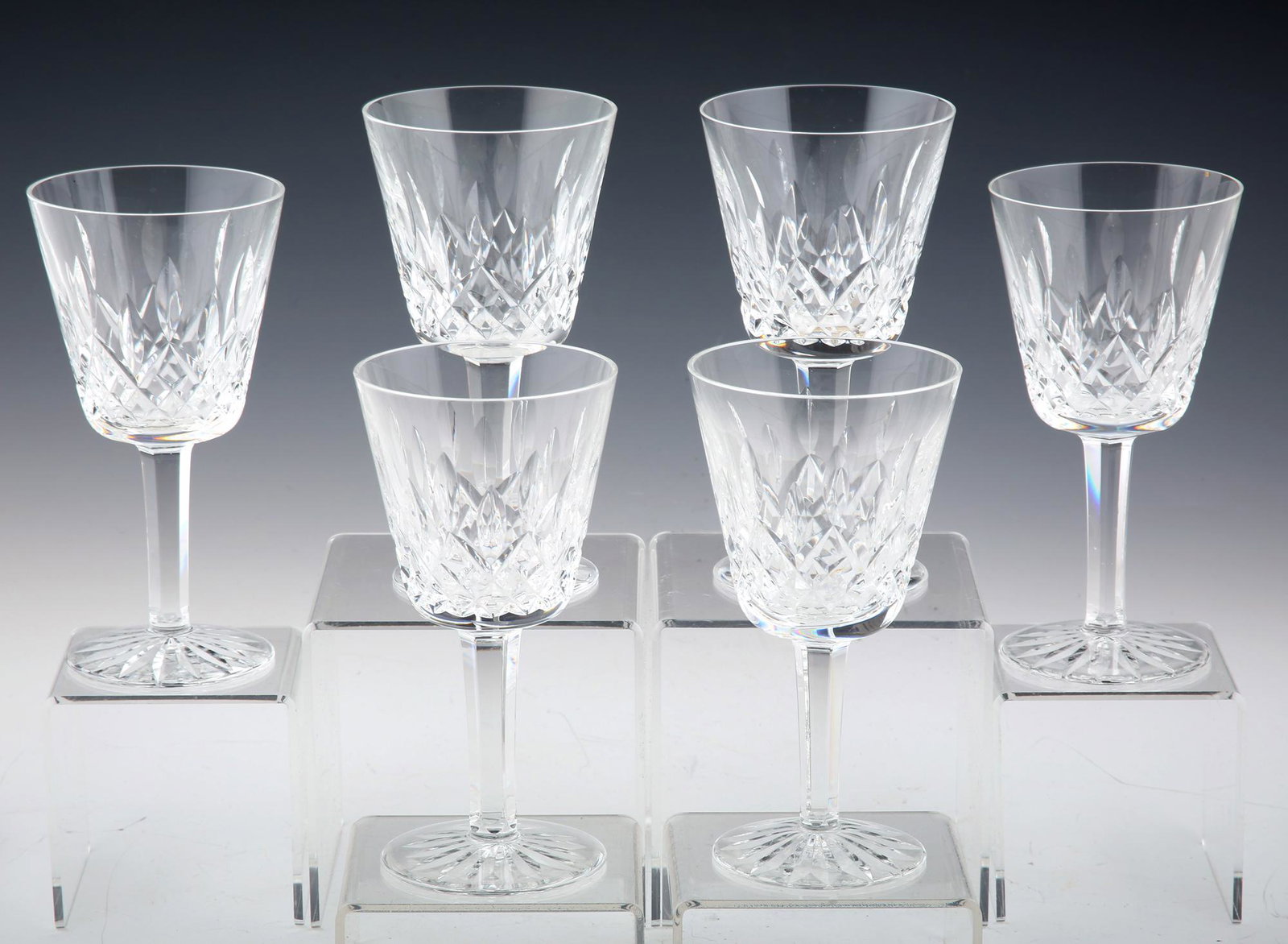 WATERFORD CRYSTAL CLARET WINE GLASS LISMORE - LOT OF 6: WATERFORD CRYSTAL CLARET WINE GLASS LISMORE - LOT OF 6 Lot of 6 matching Waterford crystal claret wine glasses in Lismore pattern. 6oz. 5 7/8" height. 3" width. Marked Waterford on the