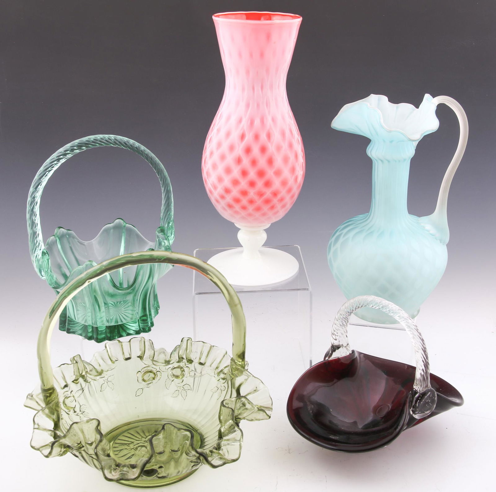 FENTON GLASS BASKETS, VASE & PITCHER (1 of 10)