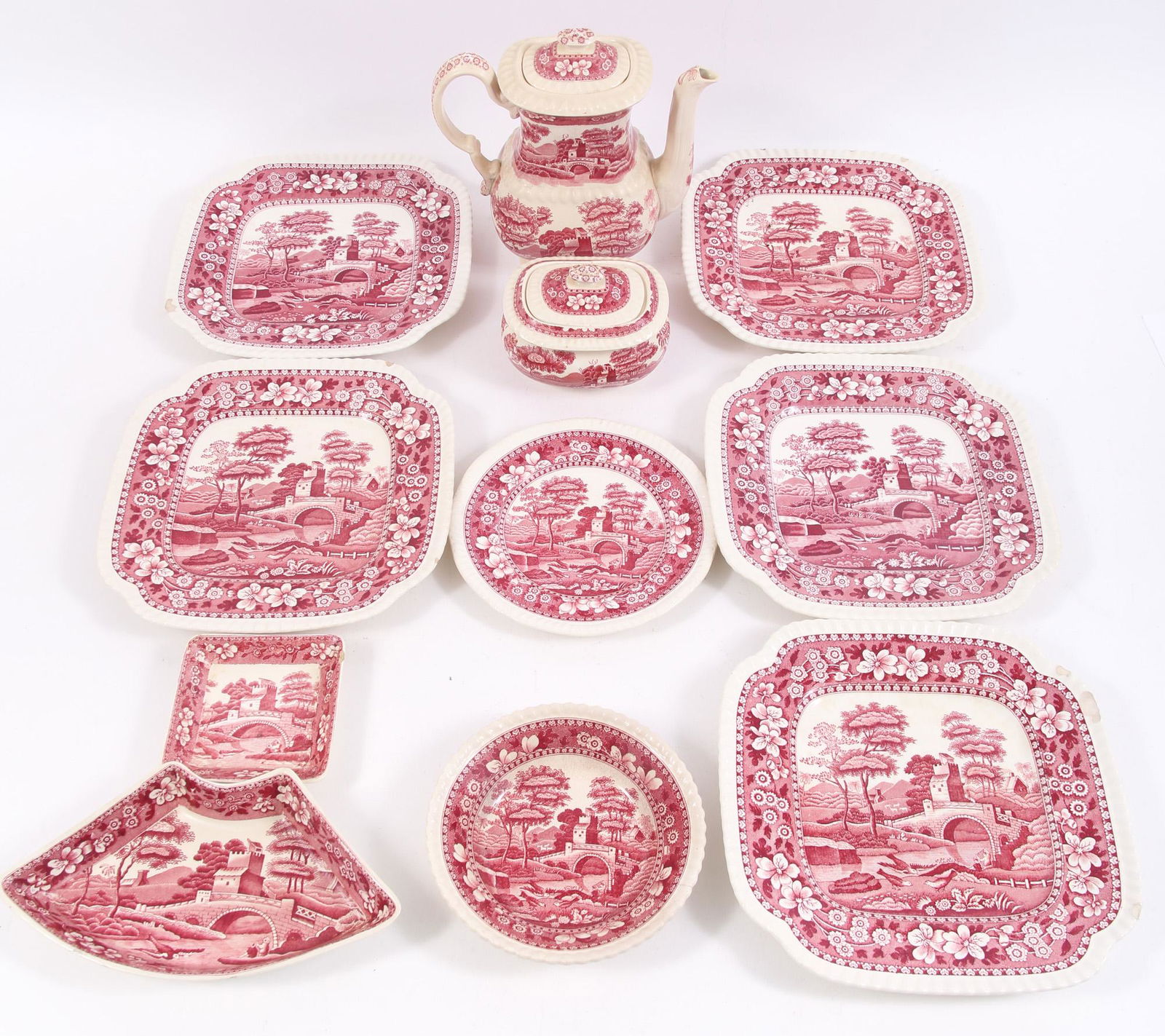 COPELAND SPODE'S TOWER RED DISHES, CHIPPED - LOT OF 11 (1 of 14)