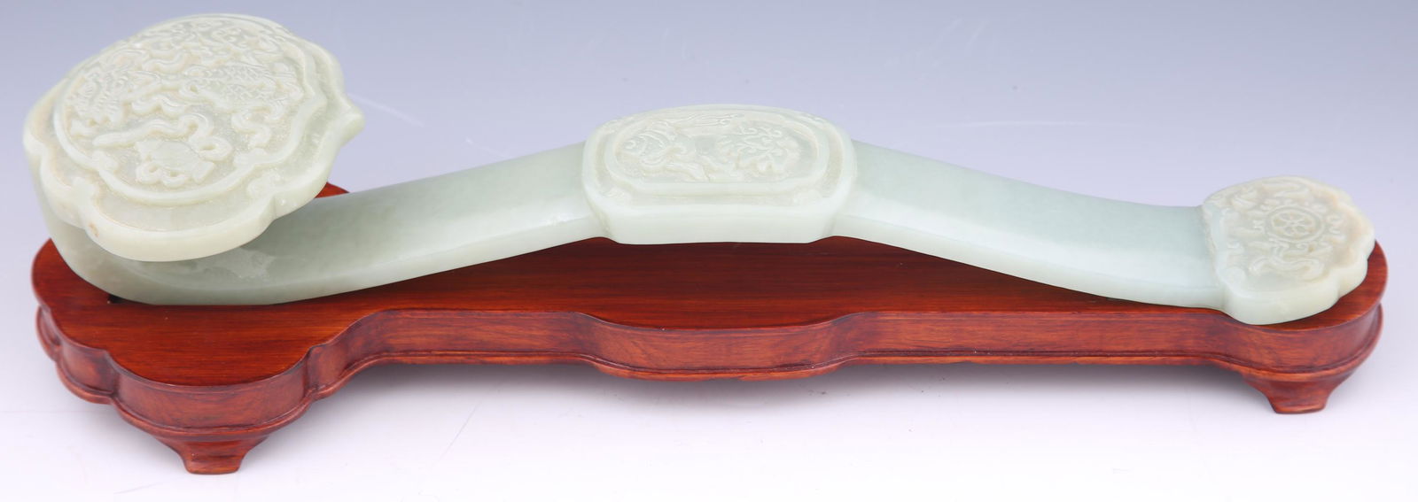 CHINESE CARVED JADE RUYI SCEPTER WITH WOODEN BASE (1 of 5)