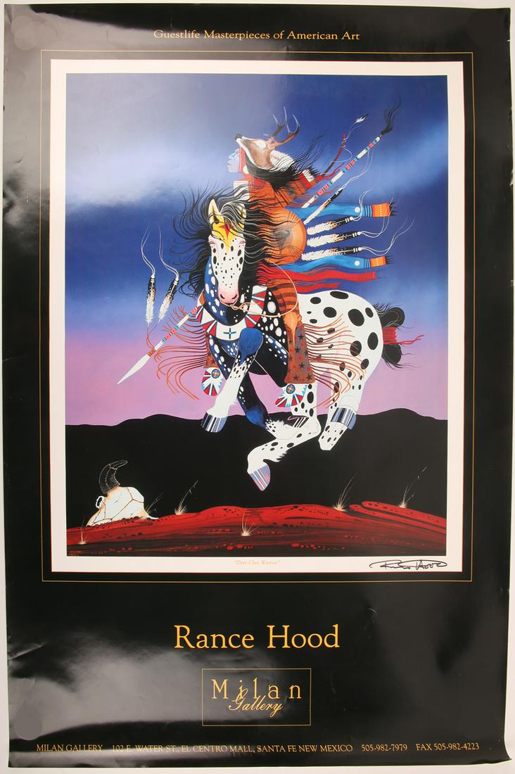 RANCE HOOD "DEER CLAN WARRIOR" POSTER SIGNED: RANCE HOOD "DEER CLAN WARRIOR" POSTER SIGNED Poster of "Deer Clan Warrior" by Rance Hood (American, 1941-) from the Milan Gallery in Santa Fe, New Mexico. The image shows a Native American man on a ho