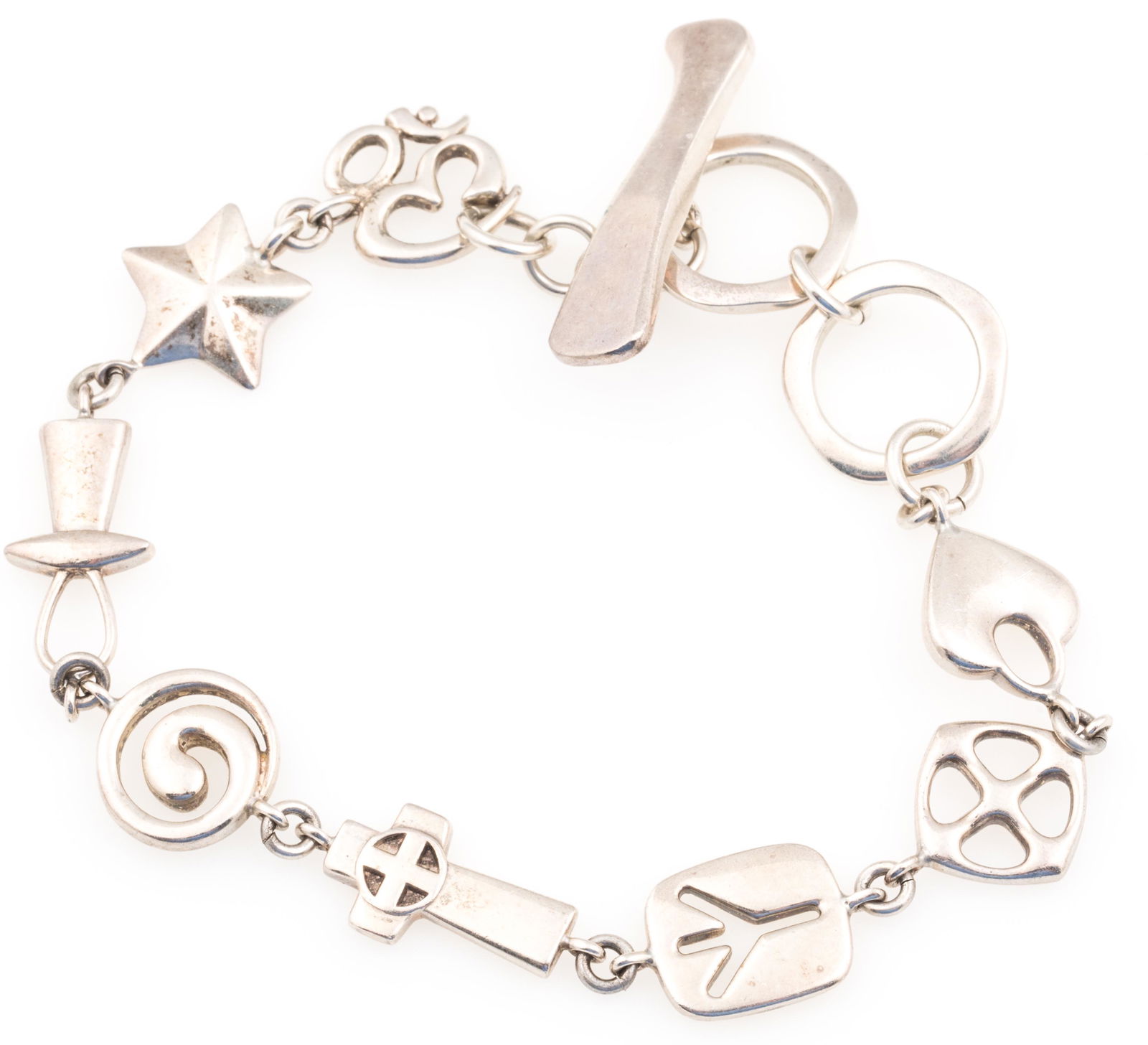 RLM STUDIO STERLING SILVER RELIGIOUS SYMBOLS BRACELET: RLM STUDIO STERLING SILVER RELIGIOUS SYMBOLS BRACELET Robert Lee Morris RLM Studio sterling silver modernist style bracelet with each link representing a different religious symbol, marked o