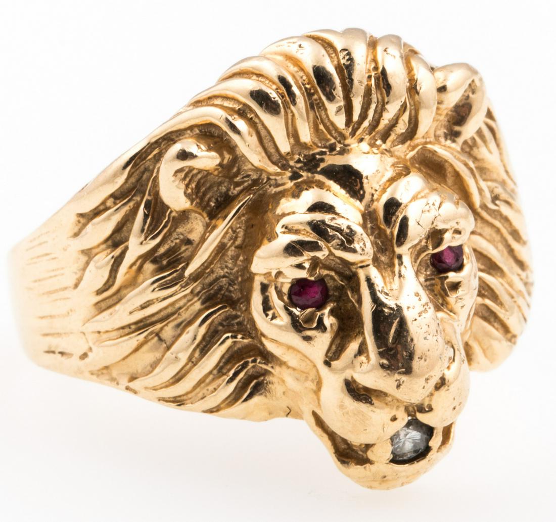 14K GOLD LION RING WITH RED TOPAZ AND DIAMOND (1 of 5)