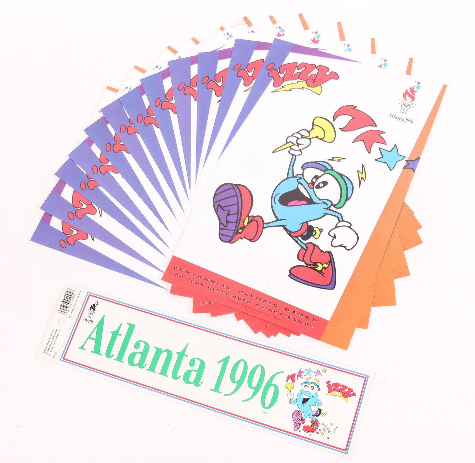1996 ATLANTA OLYMPICS MASCOT POSTERS & BUMPER STICKER: 1996 ATLANTA OLYMPICS MASCOT POSTERS & BUMPER STICKER Lot of fifteen 1996 Atlanta Olympics Izzy items, includes: 14 posters, 7 x 11". 1 bumper sticker, 3 x 11". Size: See description