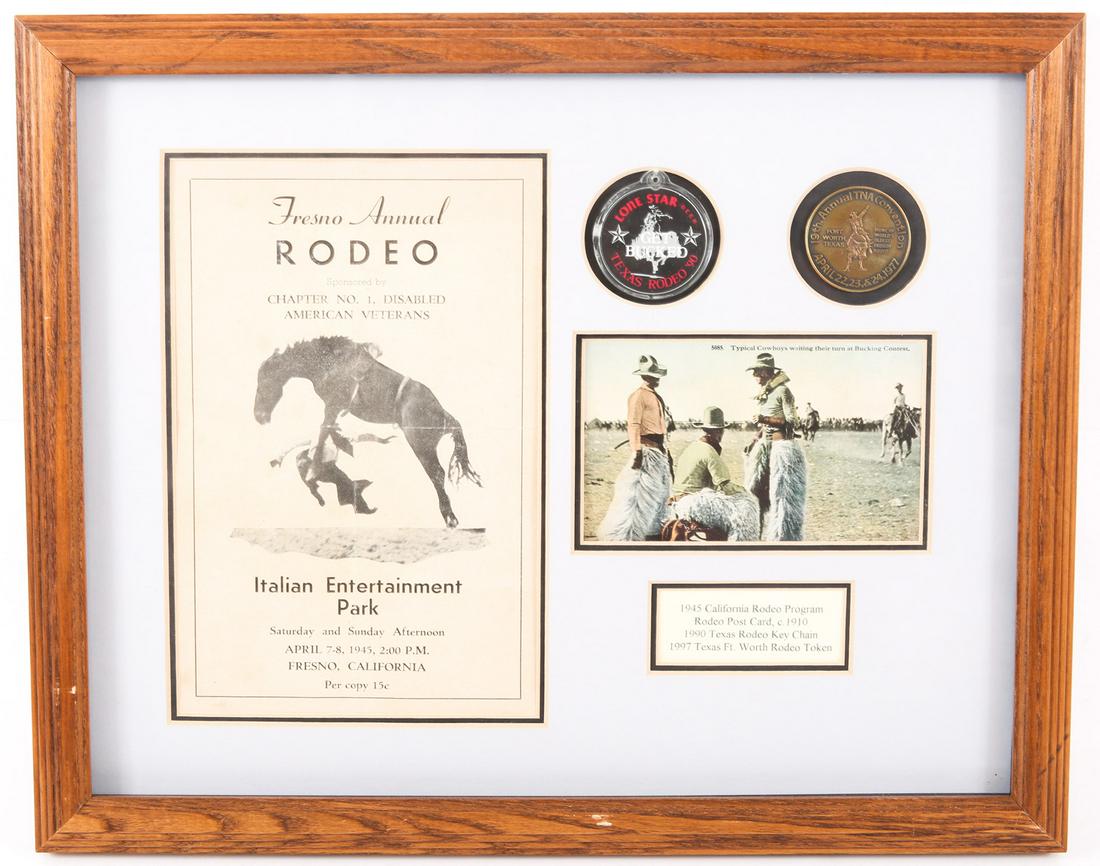 FRAMED RODEO POST CARD, PROGRAM, TOKEN, & KEYCHAIN: FRAMED RODEO POST CARD, PROGRAM, TOKEN, & KEYCHAIN Framed rodeo collection includes: 1945 Fresno rodeo program 1990 "Get Bucked" keychain 1910 color post card 1977 Fort Worth Rodeo token Siz