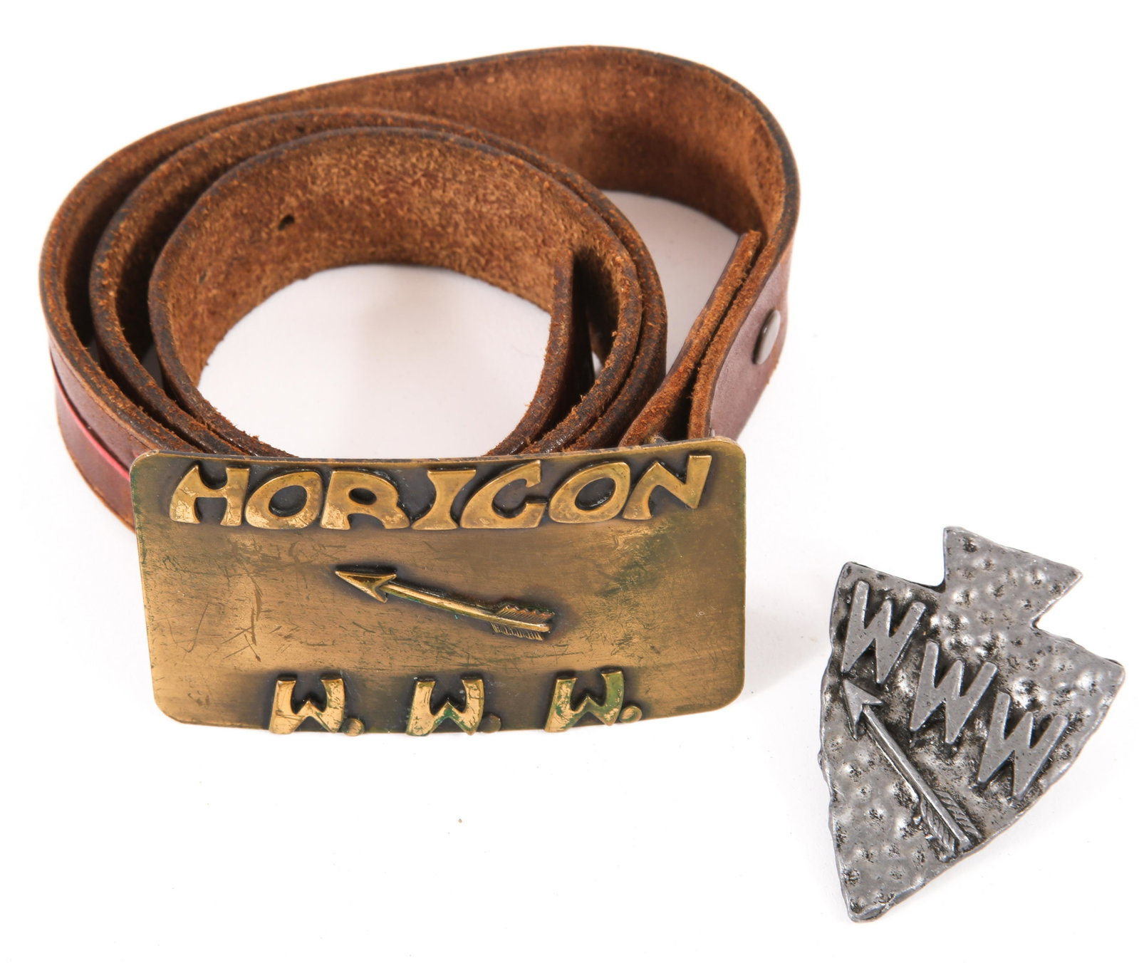 BSA ORDER OF THE ARROW BELT AND BUCKLE LOT OF 3: BSA ORDER OF THE ARROW BELT AND BUCKLE LOT OF 3 Lot of Boy Scouts of America Order of the Arrow belt and buckles. Includes: Horicon lodge leather belt. Measures 31" long and 1" wide. Decorat