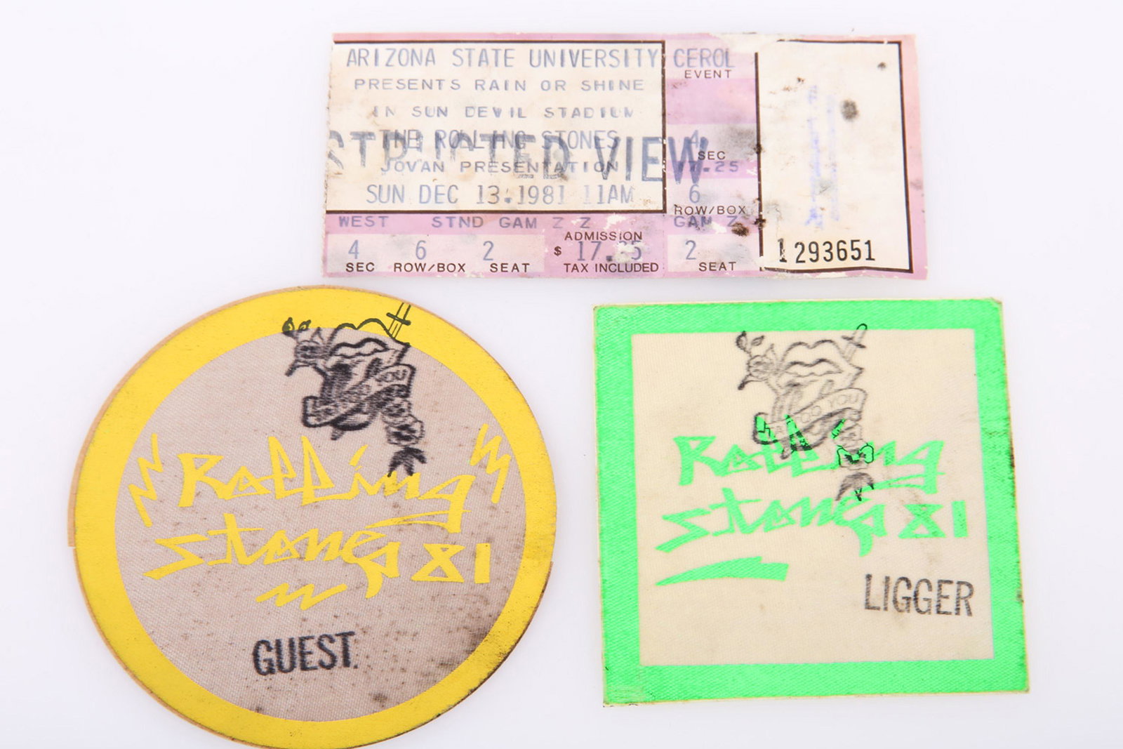 ROLLING STONES 1981 AMERICAN TOUR PASSES & TICKET: ROLLING STONES 1981 AMERICAN TOUR PASSES & TICKET Lot of two backstage passes and a ticket from the Rolling Stones' American Tour 1981. Includes Ticket from Arizona State University concert on Decembe