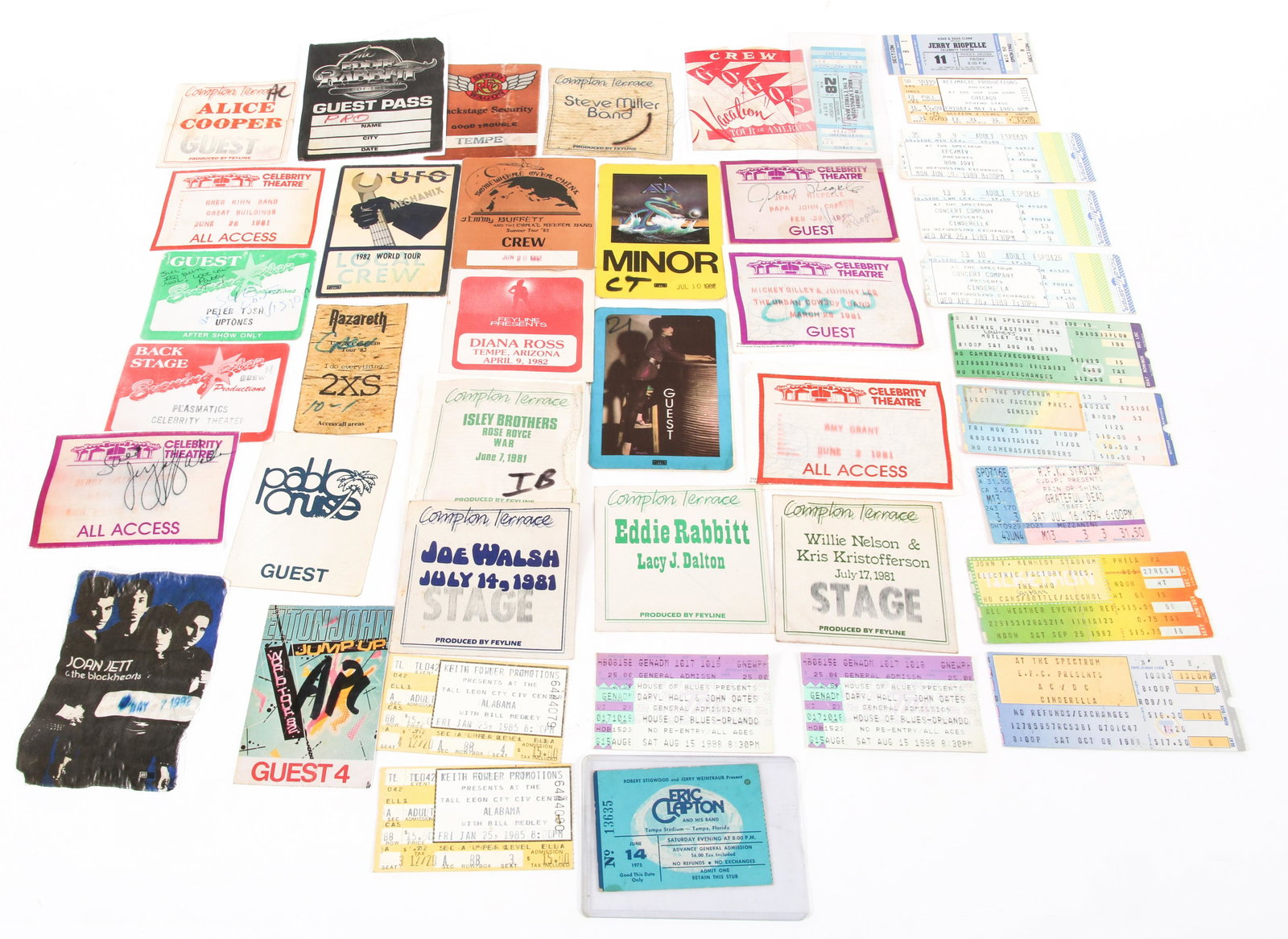 LATE 20TH C. BACKSTAGE PASSES AND CONCERT TICKETS: LATE 20TH C. BACKSTAGE PASSES AND CONCERT TICKETS Lot of late 20th century music ephemera, including: 14 tickets (2) Alabama with Bill Medley at the Tallahassee-Leon County Civic Center, January 25, 1