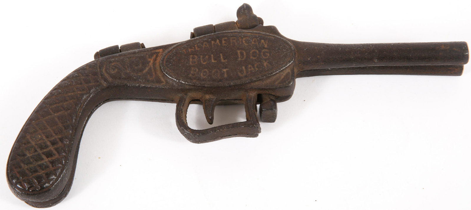 CAST IRON FOLDING AMERICAN BULLDOG BOOT JACK: CAST IRON FOLDING AMERICAN BULLDOG BOOT JACK Cast iron American Bulldog boot jack in the shape of a gun. The gun opens to form the boot jack. Size when open: 5 x 2.25 x 8.25". Size: 5 x 2.25 x 8.25"