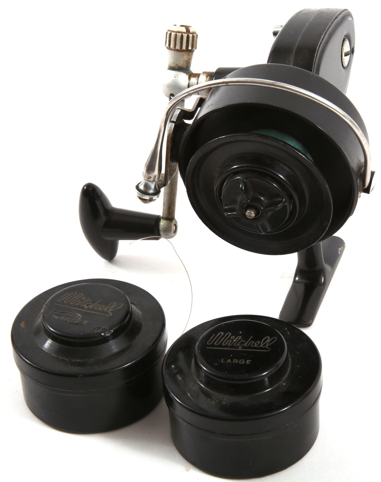 MITCHELL GARCIA 306 FISHING SPINNING REEL & SPOOLS: MITCHELL GARCIA 306 FISHING SPINNING REEL & SPOOLS Mitchell Garcia 306 fishing spinning reel, made in France. Includes two large spools with cases. 