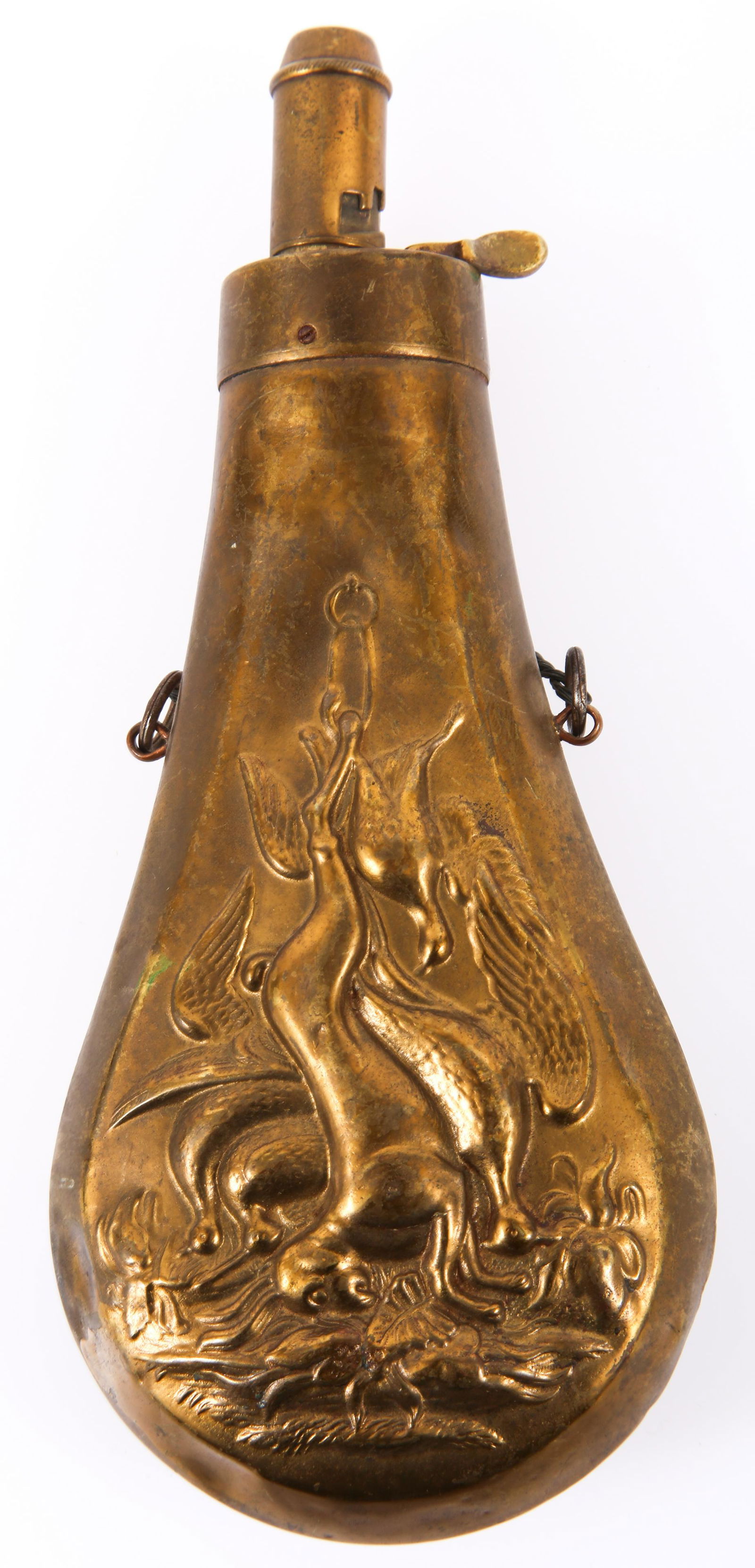 BRASS POWDER FLASK WITH PHEASANTS & RABBIT (1 of 2)