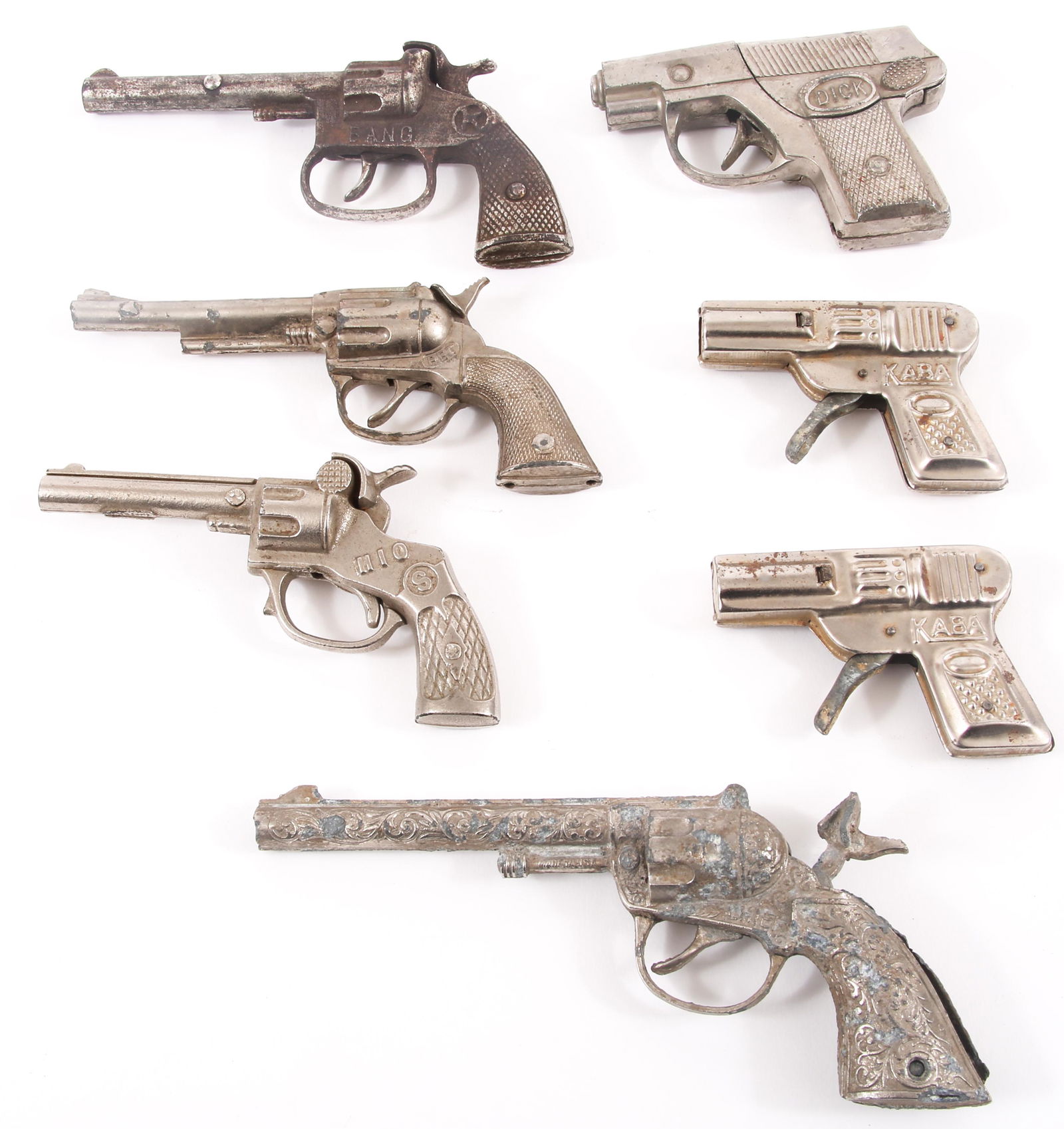TOY CAP GUNS - LOT OF 7: TOY CAP GUNS - LOT OF 7 Lot of seven toy cap guns, including: Hubley Chief, length: 7". Hubley Dick, length: 4.25". Hubley Pet, length: 6". (2) Kaba, length: 3.25". Kilgore<