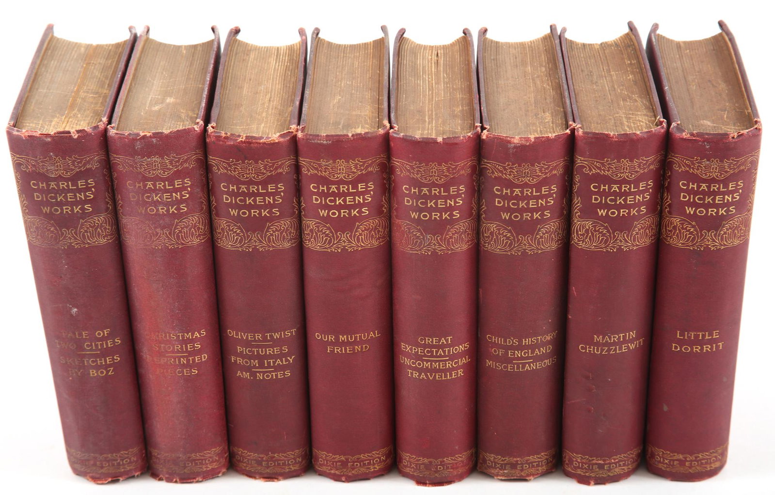 DICKENS, CHARLES DIXIE EDITION - 8 VOLUMES: DICKENS, CHARLES DIXIE EDITION - 8 VOLUMES DICKENS, CHARLES Dixie Edition, The Martin & Hoyt Co. Charleston, S.C Martin Chuzzlewit Our Mutual Friend Great Expectations / Uncommercial
