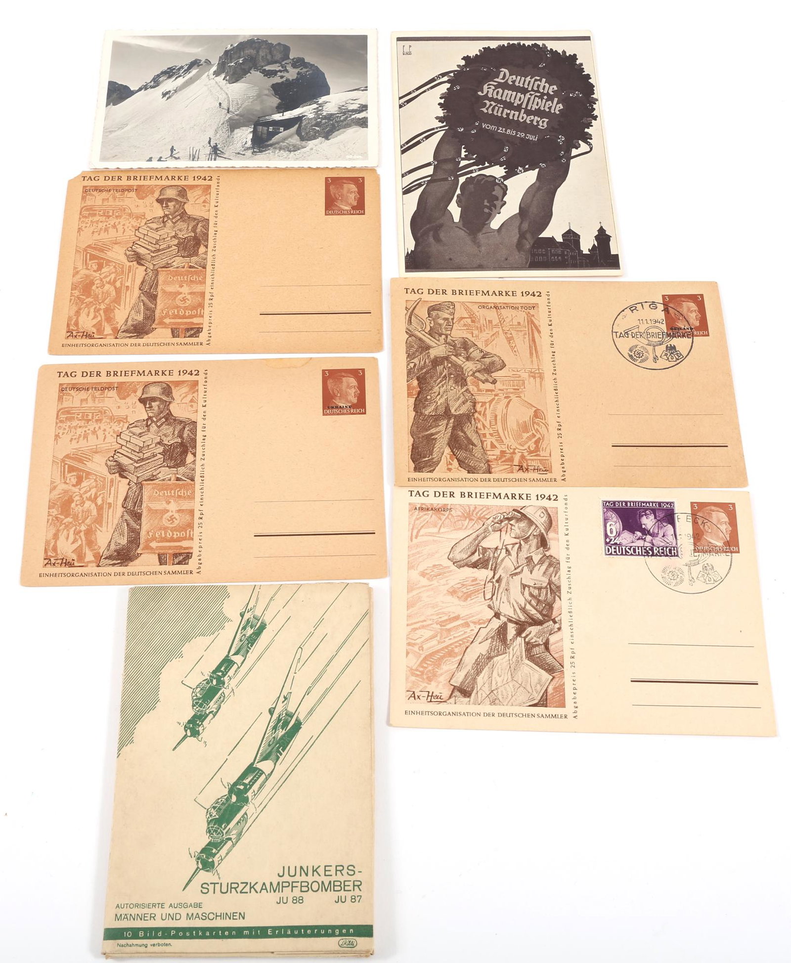 WWII GERMAN STAMP DAY COVERS & POSTCARDS - LOT OF 16: WWII GERMAN STAMP DAY COVERS & POSTCARDS - LOT OF 16 Lot of 16 World War II German Reich paper ephemera, including: Four 1942 Stamp Day (Tag der Briefmarke 1942) covers. Two are postmarked, one from R