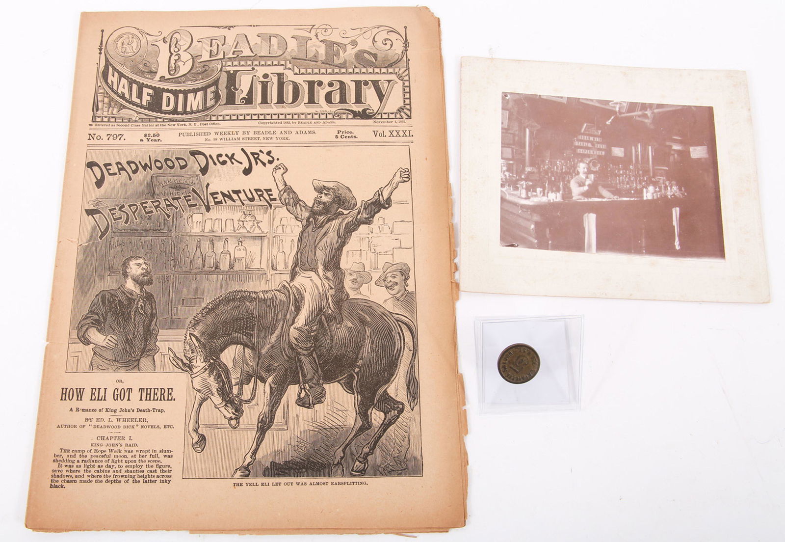 OLD WEST SALOON CABINET CARD, TOKEN, AND MAGAZINE (1 of 5)
